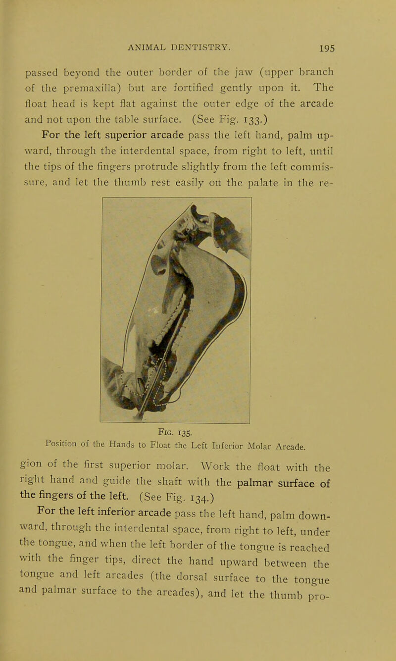 passed beyond the outer border of the jaw (upper branch of the premaxilla) but are fortified gently upon it. The float head is kept flat against the outer edge of the arcade and not upon the table surface. (See Fig. 133.) For the left superior arcade pass the left hand, palm up- ward, through the interdental space, from right to left, until the tips of the fingers protrude slightly from the left commis- sure, and let the thumb rest easily on the palate in the re- Position of the Hands to Float the Left Inferior Molar Arcade. gion of the first superior molar. Work the float with the right hand and guide the shaft with the palmar surface of the fingers of the left. (See Fig. 134.) For the left inferior arcade pass the left hand, palm down- ward, through the interdental space, from right to left, under the tongue, and when the left border of the tongue is reached with the finger tips, direct the hand upward between the tongue and left arcades (the dorsal surface to the tongue and palmar surface to the arcades), and let the thumb pro- FiG. 135.