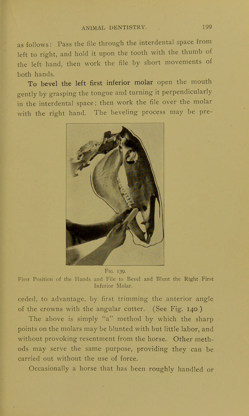 as follows: Pass the file through the interdental space from left to right, and hold it upon the tooth with the thumb of the left hand, then work the file by short movements of both hands. To bevel the left first inferior molar open the mouth gently by grasping the tongue and turning it perpendicularly in the interdental space; then work the file over the molar with the right hand. The beveling process may be pre- FiG. 139. First Position of the Hands and File to Bevel and Blunt the Right First Inferior Molar. ceded, to advantage, by first trimming the anterior angle of the crowns with the angular cutter. (See Fig. 140 ) The above is simply a method by which the sharp points on the molars may be blunted with but little labor, and without provoking resentment from the horse. Other meth- ods may serve the same purpose, providing they can be carried out without the use of force. Occasionally a horse that has been roughly handled or