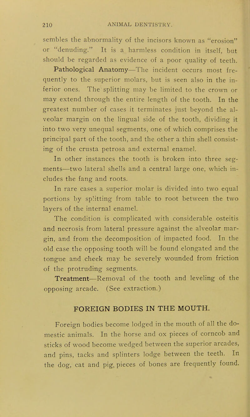 sembles the abnormality of tlie incisors known as erosion or denuding. It is a liarniless condition in itself, but should be regarded as evidence of a poor quality of teeth. Pathological Anatomy—The incident occurs most fre- quently to the superior molars, but is seen also in the in- ferior ones. The splitting may be limited to the crown or may extend through the entire length of the tooth. In the greatest number of cases it terminates just beyond the al- veolar margin on the lingual side of the tooth, dividing it into two very unequal segments, one of which comprises the principal part of the tooth, and the other a thin shell consist- ing of the crusta petrosa and external enamel. In other instances the tooth is broken into three seg- ments—two lateral shells and a central large one, which in- cludes the fang and roots. In rare cases a superior molar is divided into two equal portions by splitting from table to root between the two layers of the internal enamel. The condition is complicated with considerable osteitis and necrosis from lateral pressure against the alveolar mar- gin, and from the decomposition of impacted food. In the old case the opposing tooth will be found elongated and the tongue and cheek may be severely wounded from friction of the protruding segments. Treatment—Removal of the tooth and leveling of the opposing arcade. (See extraction.) FOREIGN BODIES IN THE MOUTH. Foreign bodies become lodged in the mouth of all the do- mestic animals. In the horse and ox pieces of corncob and sticks of wood become wedged between the superior arcades, and pins, tacks and splinters lodge between the teeth. In the dog, cat and pig, pieces of bones are frequently found.