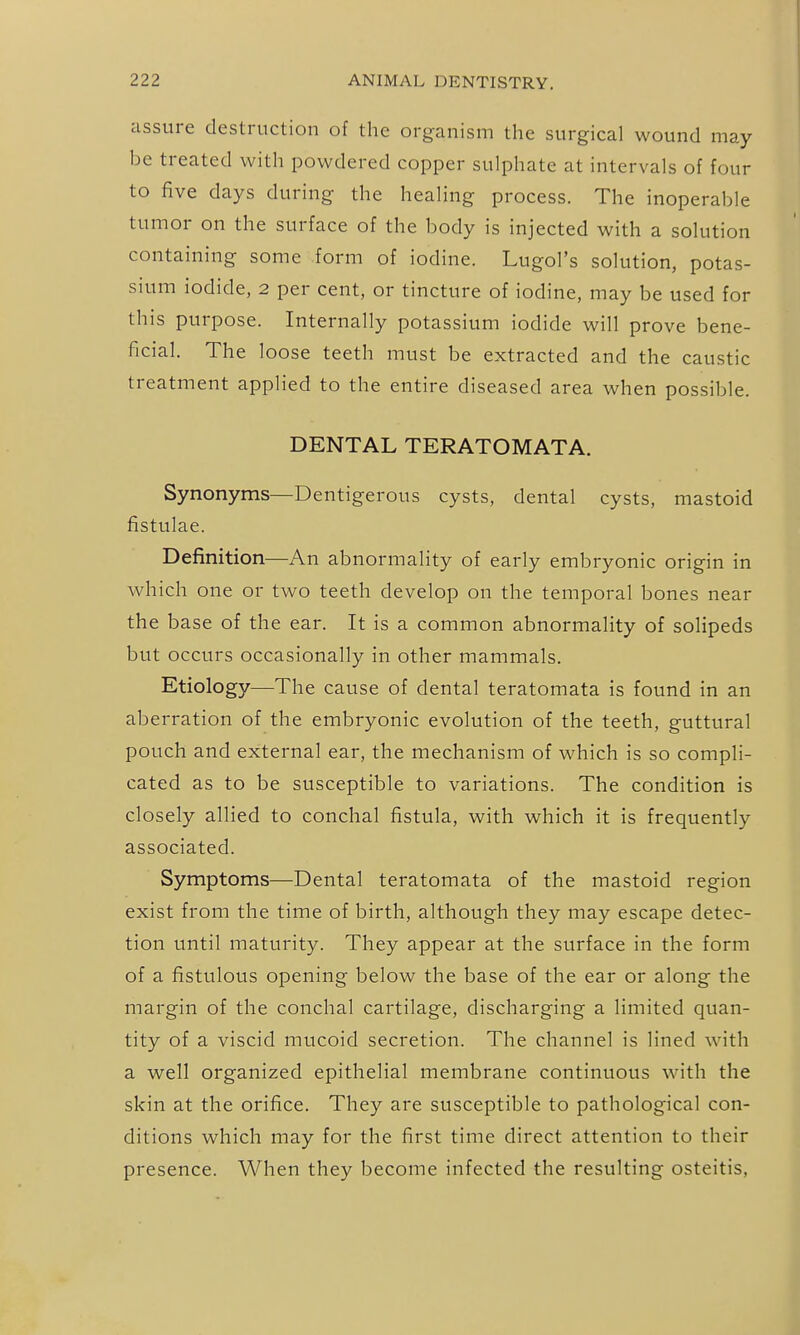 assure destruction of the organism the surgical wound may be treated with powdered copper sulphate at intervals of four to five days during the healing process. The inoperable tumor on the surface of the body is injected with a solution containing some form of iodine. Lugol's solution, potas- sium iodide, 2 per cent, or tincture of iodine, may be used for this purpose. Internally potassium iodide will prove bene- ficial. The loose teeth must be extracted and the caustic treatment applied to the entire diseased area when possible. DENTAL TERATOMATA. Synonyms—Dentigerous cysts, dental cysts, mastoid fistulae. Definition—An abnormality of early embryonic origin in which one or two teeth develop on the temporal bones near the base of the ear. It is a common abnormality of solipeds but occurs occasionally in other mammals. Etiology—The cause of dental teratomata is found in an aberration of the embryonic evolution of the teeth, guttural pouch and external ear, the mechanism of which is so compli- cated as to be susceptible to variations. The condition is closely allied to conchal fistula, with which it is frequently associated. Symptoms—Dental teratomata of the mastoid region exist from the time of birth, although they may escape detec- tion until maturity. They appear at the surface in the form of a fistulous opening below the base of the ear or along the margin of the conchal cartilage, discharging a limited quan- tity of a viscid mucoid secretion. The channel is lined with a well organized epithelial membrane continuous with the skin at the orifice. They are susceptible to pathological con- ditions which may for the first time direct attention to their presence. When they become infected the resulting osteitis.