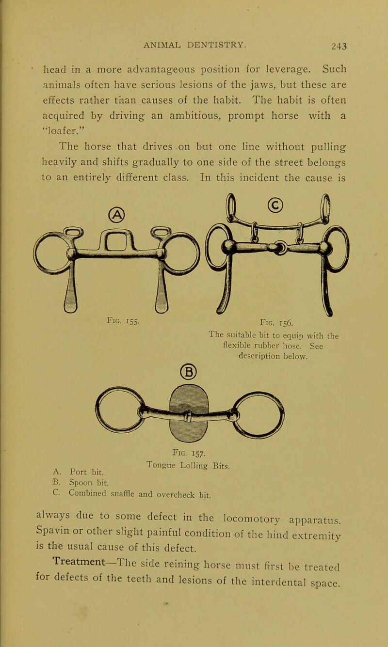 head in a more advantageous position for leverage. Such animals often have serious lesions of the jaws, but these are effects rather than causes of the habit. The habit is often acquired by driving an ambitious, prompt horse with a loafer. The horse that drives on but one line without pulling heavily and shifts gradually to one side of the street belongs to an entirely different class. In this incident the cause is Fig. 155. Fig. 156. The suitable bit to equip with the flexible rubber hose. See description below. Fig. 157. „ Tongue Lolling Bits. A. Port bit. B. Spoon bit. C. Combined snaffle and overcheck bit. always due to some defect in the locomotory apparatus. Spavin or other slight painful condition of the hind extremity is the usual cause of this defect. Treatment—The side reining horse must f^rst be treated for defects of the teeth and lesions of the interdental space.