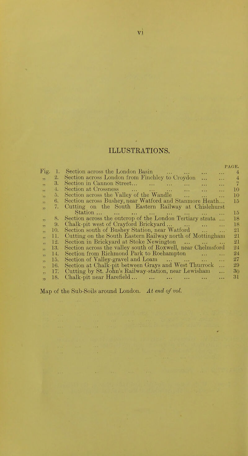 ILLUSTRATIONS. PAGE. Fig. 1. Section acrows the London Basin 4 „ 2. Section across London from Finchley to Croydon 4 „ 3. Section in Cannon Street 7 „ 4. Section at Crossness ... ... ... ... ... ... 10 „ 5. Section across the A''alley of the Wandle 10 „ 6. Section across Bushey, near Watford and Stanmore Heath... 15 „ 7. Cutting on the South Eastern Railway at Chislehurst Station 15 „ 8. Section across the outcrop of the London Tertiary strata ... 18 „ 9. Chalk-pit west of Crayford Brickyard 18 „ 10. Section .south of Bushey Station, near Watford 21 „ 11. Cutting on the South Eastei-n Railway north of Mottinghani 21 „ 12. Section in Brickyard at Stoke Newington 21 „ 13. Section across the valley south of RoxweU, near Chelmsford 24 „ 14. Section from Richmond Park to Roehampton 24 „ 15. Section of Valley-gravel and Loam 27 „ 16. Section at Chalk-pit between Grays and West Thurrock ... 29 „ 17. Cutting by St. John's Railway-station, near Lewisham ... 30 „ 18. Chalk-pit near Harefield 31 Map of the Sub-Soils around London. At end of vol.