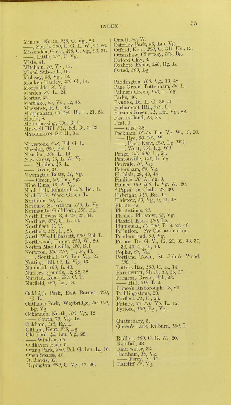 mwrns, North, S45, C. Vg., 26. , South, 300, C. G. L. W., 20, 26. Missenclen, Great, 4^0, C. Vg., 26, 31. , Little, S57, C. Vg. Mists, 41. Mitcham, 70, Vg., 12. Mixed Sub-soils, 19. Molesey, S3, Vg., 12 Monken Hadley, 420, G., 14. Moorfields, GO, Vg. Mordeu, S5, L., 24. Mortar, 32. Mortlake, 25, Vg., 12, 48. MOSSMAN, R. C, 43. Mottinghain, 90-140, Bl. L., 21, 24. Mould, 8. Mountnessing, SOO, G. L. Muswell Hill, S4I, Bel. G., 5, 23. Myddelton, Sir H., 34. Navestock, 338, Bel. G. L. Nazeing, S59, Bel. L. Neasdeu, 160, L., 14. New Cross, 7/6, L. W. Vg. Maiden, 45, L. River, 34. Newington Butts, 11, Vg. Green, 90, Lm. Vg. Nine Elms, 15, A. Vg. Noak Hill, Romford, 350, Bel. L. Noel Park, Wood Green, L. Norbiton, 50, L. Norbury, Streatham, ISO, L. Vg. Normandy, Guildford, 153, Bg. North Downs, 3, 4, 22, 25, 34. Northaw, 577, G. L., 14. Northfleet, C. T. Northolt, 139, L., 23. North Weald Bassett, 360, Bel. L. Northwood, Pinner, 350, W., 20. Norton Mandeville, 330, Bel. Norwood, 150-370, L., 24, 48. , Southall, 100, Lm. Vg., 22. Notting Hill, 97, L. Vg., 13. Nunhead, 100, L. 48. Nursery-grounds, 12, 22, 32. Nursted, Kent, 387, C. T. Nutfield, 430, Lg., 18. Oakleigh Park, East Barnet, 300, G L Oatiands Park, Weybridge, 50-100, Bg. Vg. Ockendon, North, 100, Vg., 12. , South, 79, Vg., 12. Ockham, 115, Bg. L. Offham, Kent, 376, Lg. Old Ford, 43, Lm. Vg., 22. Windsor, 65. Oldhaven Beds, 5. Orang Park, 340, Bel. 6. Lm. L., 16. Open Spaces, 40. Orchards, 32. Orpington ^^0, C. Vg., 17, 26. Orsett, 56, W. Osterley Park, 86, Lm. Vg. Otford, Kent, 300, 0. Git. Ug., 13. Ottershaw, Chertsey, 135, Bg. Oxford Clay, 3. Oxshott, Esher, 346, Bg. L. Oxted, 300, Lg. Paddington, 100, Vg., 13, 48.^ Page Green, Tottenham, 36, L. Palmers Green, 133, L. Vg. Parks, 40. Parkes, Dr. L. G, 36, 40. Parliament Hill, 319, L. Parsons Green, I4, Lm. Vg., 22. Pasture-land, 23, 25. Peat, 9. dust, 38. Peckham, 15-50, Lm. Vg. W., 13, 20. Rye, 50-100, W. , East, Kent, 300, Lg. Wd. , West, 363, Lg. Wd. Penge, 150-300, L., 24. Pentonville, 137, L. Vg. Perivale, 70, Vg. Petersham, 33, Vg. Phthisis, 29, 40, 44. Pimlico, 30, A. Vg. 9. Pinner, 160-300, L. Vg. W., 20. Pipes in Chalk, 22, .30. Pirbright, I40, Bg., 17. Plaistow, 30, Vg., 9, 11, 48. Plants, 42. Plantations, 26. Plashet, Plaistow, 33, Vg. Plaxtol, Kent, 4OO, Lg. Plumstead, 50-100, T., 9, 26, 48. Pollution. See Contamination. Ponders End, 60, Vg. POORE, Dr. G. v., 12, 29, 32, 33, 37, 38, 40, 41, 42, 46. Poplar, 33, Vg. Portland Town, St. John's Wood, 130, L. Potters Bar, 400, G. L., 14. Peestwich, Sir J., 33, 35, 37. Primrose Green, Bel., 23. Hill, 316, L. 4. Prince's Risborough, 18, 22. Pudding-stone, 20. Purlieet, 31, C, 26. Putney, 30-170, Vg. L., 12. Pyrford, 100, Bg., Vg. Quaternary, 5. Queen's Park, Kilburn, 150, L. Radlett, 300, C. G. W., 20. Rainfall, 43. Rain-water, 33. Rainham, 16, Vg. Ferry, A., 11. Ratcliff, S3, Vg.