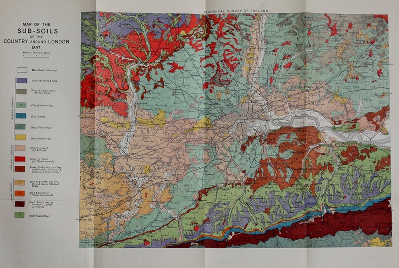 MAP OF THE ■ SUB-SOILS OF THE COUNTRY AROUND LONDON 1897. Scale—1 Irirh = 4 Miles. Marshland fAUuviumJ Claij-with-flhiia loam Slonij ClinUcu Clay (Boulder Clay) Clay (London Claij) Clay (GaultJ Clay (Wenld t'layj Loam (Br'ichfitrth) Gravel ij- Sand (of Vdffei/sJ Gravel ,^ Sand (of Higher yrounds) Sands, Prhbh- Iwds. <S- Clay» (Bhtekhenth. W'liohrirh Iteaduuj, <.J* T/itnu t liedsj Sand and Pebble beds with Clay ^ Loam (lia^jshot BedsJ Sand 4- Sandstone (Upper (Jreensand) Sand, Pebble beds, f Sandstone (Lower GreennandJ Chalk (Li-mestoiie)