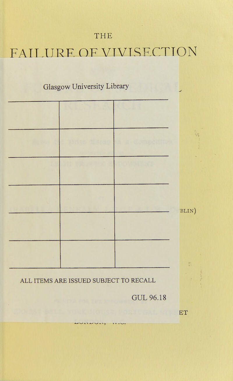 THE FAILURE OF VTVTSFCTTON Glasgow University Library blin) ALL ITEMS ARE ISSUED SUBJECT TO RECALL GUL 96.18 ET