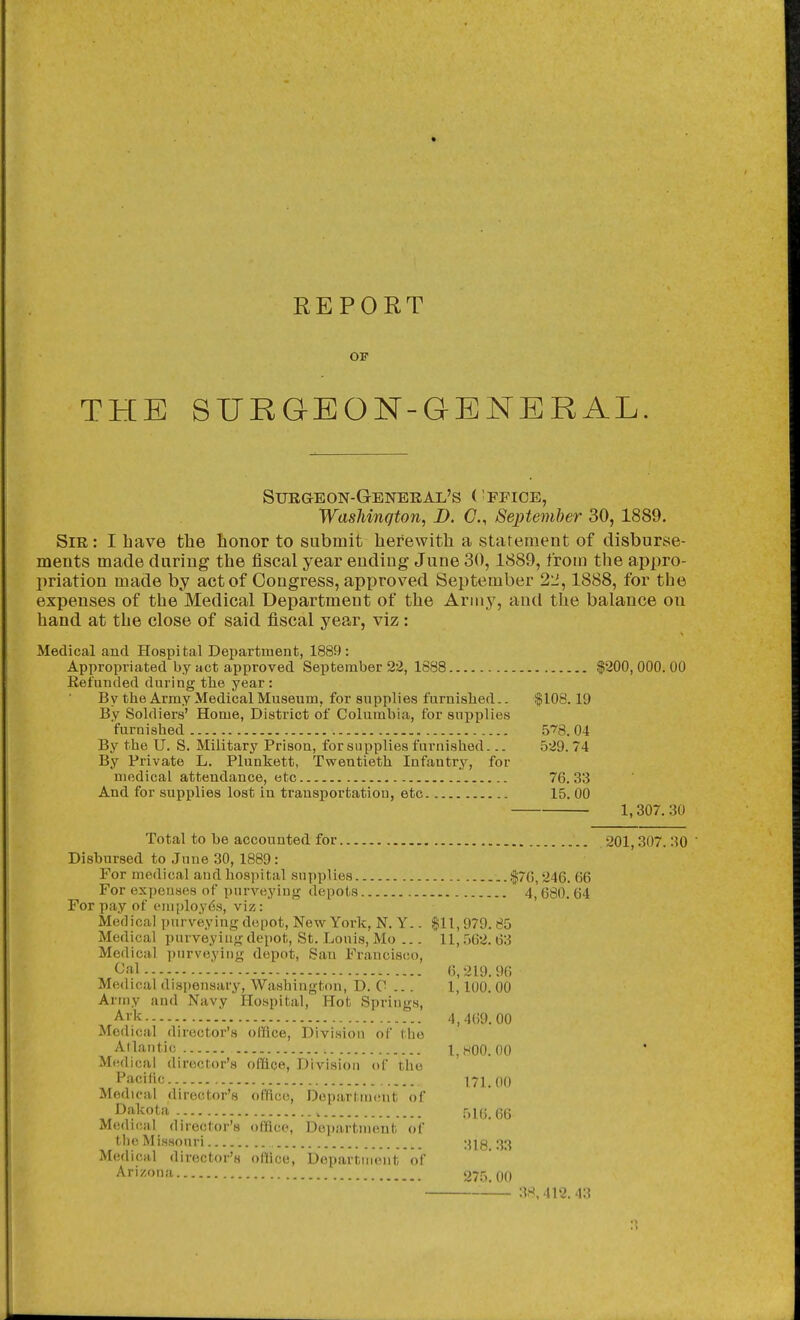 OF THE SURGEON-GENERAL. SURG-EON-GeNBEAL'S ( FFICE, Washington, D. C, September 30, 1889. Sir : I have the honor to submit herewith a statement of disburse- ments made during the fiscal year ending June 30,1889, from the appro- priation made by act of Congress, approved September 22,1888, for the expenses of the Medical Department of the Army, and the balance on hand at the close of said fiscal year, viz: Medical and Hospital Department, 1889: Appropriated by act approved September 22, 1888 $200,000.00 Refunded during the year : By the Army Medical Museum, for supplies furnislied.. |108.19 By Soldiers' Home, District of Columbia, for supplies furnished b'^S. 04 By the U. S. Military Prison, for supplies furnished... 529.74 By Private L. Plunkett, Twentieth Infantry, for medical attendance, etc .' 76.33 And for supplies lost in transportation, etc 15. 00 1,307. 30 Total to be accounted for 201,307. 30 Disbursed to June 30, 1889: For medical and hospital supplies !j)7(), 246. 66 For expenses of purveying depots 4, 680.64 For pay of ('niploy6s, viz: Medical purveying depot. New York, N. Y.. $11,979. 85 Medical i)urveyiug depot, St. Louis, Mo ... 11, 562. 63 Medical purveying depot, San Francisco, Oal 6,219.96 Medical dispensary, Washington, D. C .. . 1,100. 00 Army and Navy Hospital, Hot, Springs, Ark 4,469.00 Medical director's office. Division of llio A-llantic 1,800.00 Medical director's office. Division of the Pacific 171.00 Medical director's office. Department of Dakota 516.66 Medical director's office, Department of tiio Missouri IHS. 33 Medical director's office. Department of Arizona 275.00 -— 38,412.43