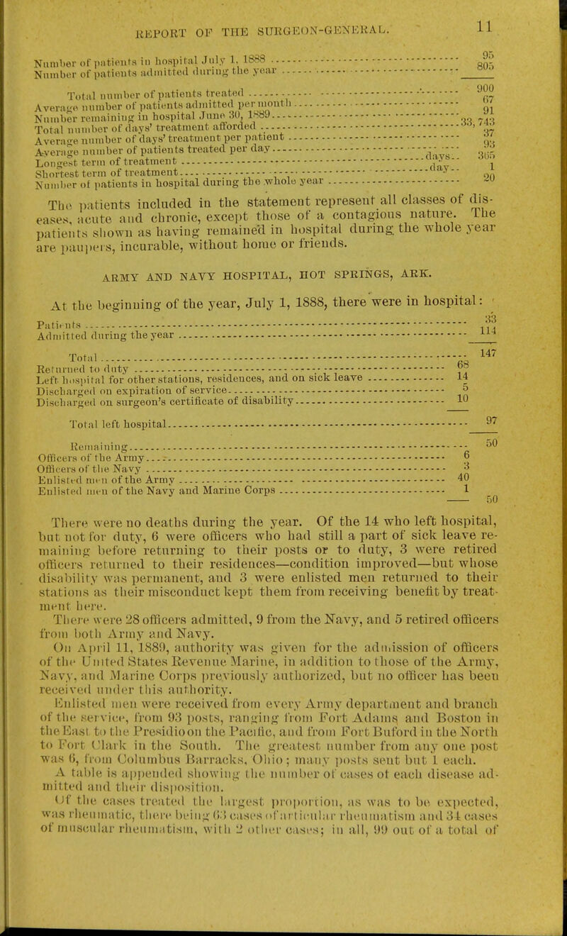 Nunil)er oF iiatioiits in hospital July 1, 1888 Numbor of patitnits adinitttMl <liinng the year -- Totiil iinitiber of patients treated • '^^^ Averaj;-*^ miinber of patients admitted per inontli Number remaining iu hospital .Jnne3U, 1.S8J.... Total numbor of days' treatment afforded Averaoe number of days' treatment per patient ^' A-\-era'go number of patients treated per day - • ■ Lousiest term of treatment rlnv 1 Shortest term of treatment - - ^-^ Number ot patients in hospital during the .whole year Th(» patients included in the statement represent all classes of dis- eases, acute and chronic, except those of a contagious nature. The patients shown as having remained in hospital during, the whole year are paupers, incurable, without home or friends. ARMY AND NAVY HOSPITAL, DOT SPRINGS, ARK. At the beginning of the year, July 1, 1888, there were in hospital: Patif Uts /, . Admitted during the year ^^^ Total Returned to duty -- ■-- ^8 Left hospital for other stations, residences, and on sick leave 14 Discharged on expiration of service ^ Discharged on. surgeon's certificate of disability 10 Total left hospital Remaining '^^ OfQcera of the Army...-- 6 OtHcersoftheNavy Eulistfd nitu of the Army 40 Enlisted men of the Navy and Marine Corps 1 50 There were no deaths during the year. Of the 14 who left hospital, but not for duty, 6 were ofiflcers who had still a part of sick leave re- maining before returning to their posts or to duty, 3 were retired officers returned to their residences—condition improved—but whose disability was permanent, and 3 were enlisted men returned to their vstations as their misconduct kept them from receiving benefit by treat- ment luTe. Tlicrc were 28 officers admitted, 9 from the i^avy, and 5 retired officers from both Aruiy and Navy. On April 11, 1889, authority was given for the adniission of officers of the United States Revenue Marine, in addition to those of the Army, Navy, and Marine Corps previously authorized, but no officer has been received under this authority. I'hilisted men were received from every Army department and branch of tin* service, from 93 posts, ranging from Fort Adamfi^ and Boston in the East to the Presidio on the Pacihc, and from Fort Buford in the North to Fort (Jlark in the South. Tlie greatest number from any one post was 6, from (Jolumbus Barracks, Ohio; many i)osts sent but 1 each. A table is <i|)pende(l showing llie iiinnbcr of cases ot each disease ad- mitted and their disi)Ositi()n. Uf the cases treated the largest i)r(tp()rtioii, as was to be expected, was rhenniatic, tliere being ().') cases (v|'ar(icuhtr rhenmatism and 34 cases of muscular rheumatism, with 2 otlier cases; in all, 99 out of a total of