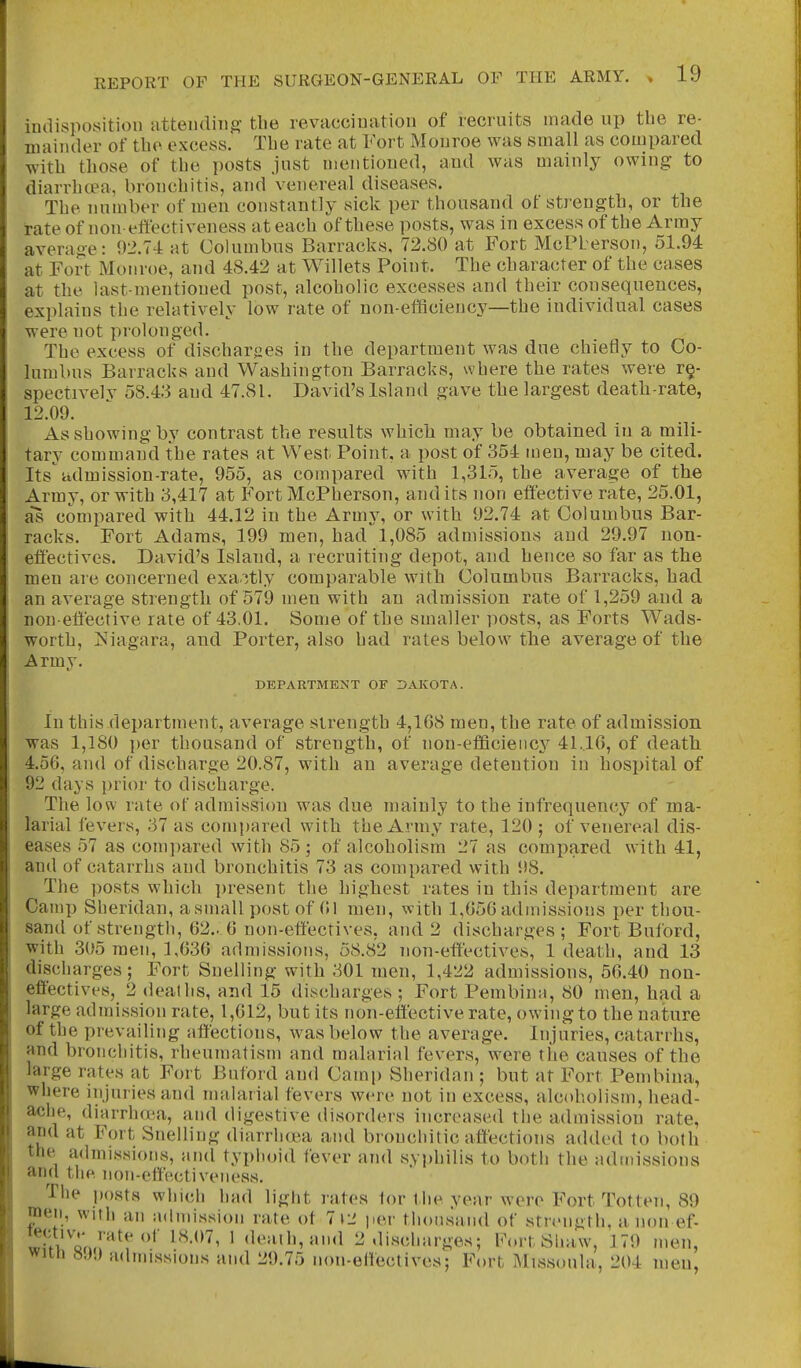 indisposition attending- tlie revacciuation of recruits made up the re- mainder of the excess. The rate at Fort Monroe was small as compared with those of the posts just mentioned, and was mainly owing to diarrhtea, bronchitis, and venereal diseases. The number of men constantly sick per thousand of strength, or the fate of noneftectiveness at each of these posts, was in excess of the Army average: 92.74 at Columbus Barracks, 72.80 at Fort McPberson, 51.94 at Fort Moiu-oe, and 48.42 at Willets Point. The character of the cases at the last-mentioned post, alcoholic excesses and their consequences, explains the relatively low rate of non-efficiency—the individual cases were not prolonged. The excess of discharges in the department was due chiefly to Co- lumbus Barracks and Washington Barracks, where the rates were r§- spectivelv 58.43 and 47.81. David's Island gave the largest death-rate, 12.09. As showing by contrast the results which may be obtained in a mili- tary command the rates at West Point, a post of 354 men, may be cited. Its admission-rate, 955, as compared with 1,315, the average of the Army, or with 3,417 at Fort McPherson, audits non effective rate, 25.01, as compared with 44.12 in the Army, or with 92.74 at Columbus Bar- racks. Fort Adams, 199 men, had 1,085 admissions and 29.97 non- etlectives. David's Island, a recruiting depot, and hence so far as the men are concerned exa/itly comparable with Columbus Barracks, had an average strength of 579 men with an admission rate of 1,259 and a non eflective rate of 43.01. Some of the smaller posts, as Forts Wads- worth, iS'iagara, and Porter, also had rates below the average of the Armv. DEPARTMENT OF DAKOTA. In this department, average strength 4,168 men, the rate of admission was 1,180 i)er thousand of strength, of nou-eflficieiicy 41.16, of death 4.56, and of discharge 20.87, with an average detention in hospital of 92 days prior to discharge. The low rate of admission was due mainly to the infrequency of ma- larial fevers, 37 as compared with the Army rate, 120 ; of venereal dis- eases 57 as com])ared with 85; of alcoholism 27 as compared with 41, and of catarrhs and bronchitis 73 as compared with 98. The posts which ])resent the highest rates in this department are Camp Sheridan, asmall post of (il men, with 1,650admissions per thou- sand of strength, 62.. 6 non-eftectives, and 2 discharges ; Fort Buford, with .305 men, 1,636 admissions, 58.82 non-effectives, 1 death, and 13 discharges; Fort Snelling with 301 men, 1,422 admissions, 56.40 non- effectives, 2 deaths, and 15 discharges ; Fort Pembina, 80 men, had a large admission rate, 1,612, but its non-effective rate, owing to the nature of the prevailing affections, was below the average. Injuries, catarrhs, and bronchitis, rheumatism and malarial fevers, were the causes of the large rates at Fort Buford and Caini) Sheridan ; but at Fort Pembina, where injuries and malarial fevers were not in excess, alcoholism, head- ache, diarrhttia, and digestive disorders increased the admission rate, and at Fort Snelling diarrhoea and bronchi tic affections added to both the, admis.sions, and typhoid fever and syphilis to both the admissions and tiie non-etfectiveness. The i)08ts which had light rates lor the year were Fort Totten, 89 men, with an admis.sion vMe ot 7 »2 per thousand of strcuiith. a non ef- ^cn/*^*'' <leaih,and 2 discharges; Fort Sha\v, 179 men, with admissions and 29.75 non-eliectives; Fort IMissoula, 204 men,