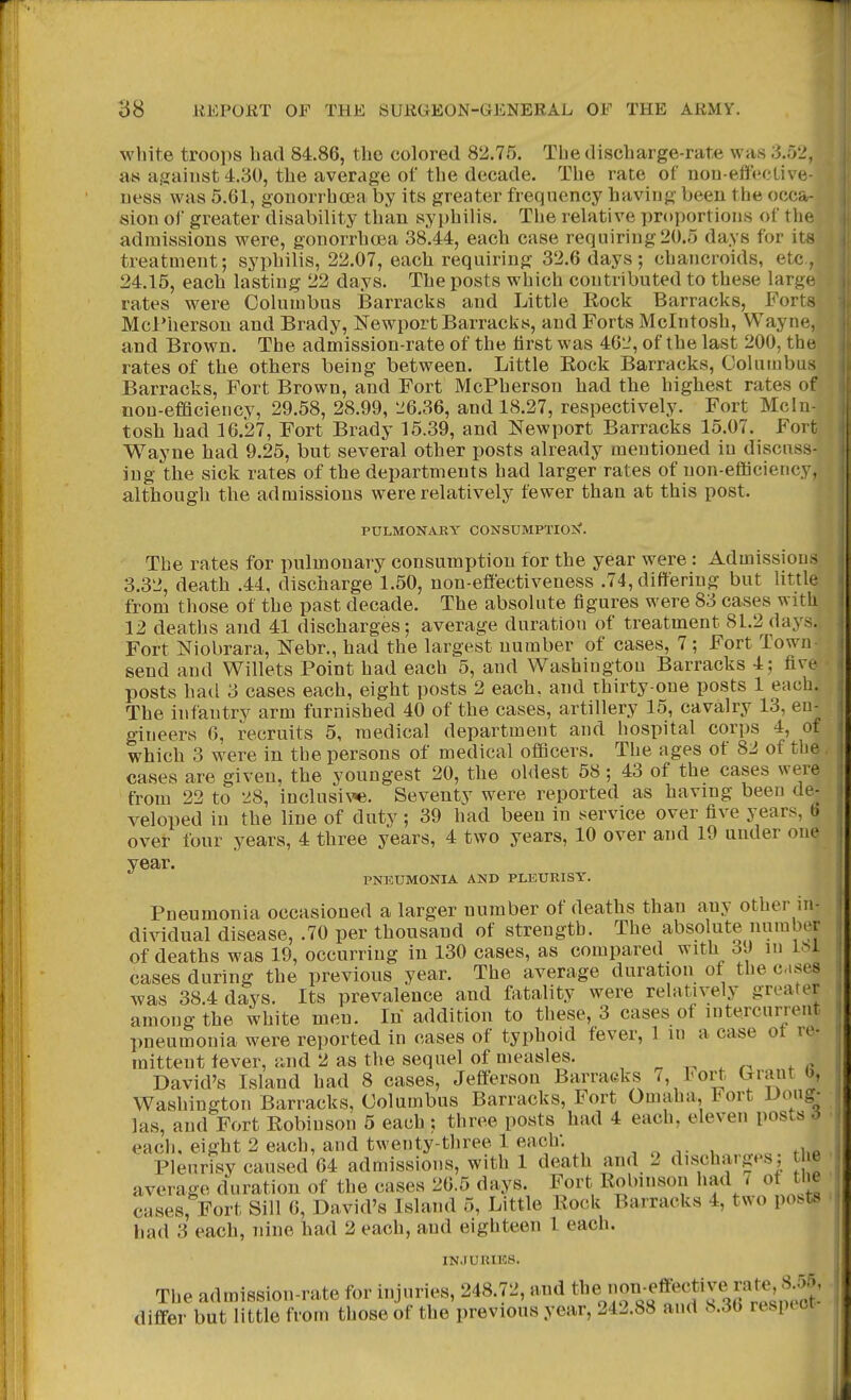 white troops bad 84.86, the colored 82.75. The discliarge-rate was 3.52, as against 4.30, the average of the decade. The rate of non-efteclive- uess was 5.61, gonoiThoea by its greater frequency having been the occa- sion of greater disability than syphilis. The relative proportions of the admissions were, gonorrhoea 38.44, each case requiring20.5 days for its treatment; syphilis, 22.07, each requiring 32.6 days; chancroids, etc, 24.15, each lasting 22 days. The posts which contributed to these large rates were Columbus Barracks and Little Rock Barracks, Forts Mcpherson and Brady, Newport Barracks, and Forts Mcintosh, Wayne, and Brown. The admission-rate of the first was 462, of the last 200, the rates of the others being between. Little Rock Barracks, Columbus Barracks, Fort Brown, and Fort McPherson had the highest rates of non-efficiency, 29.58, 28.99, 26,36, and 18.27, respectively. Fort Mcin- tosh had 16.27, Fort Brady 15.39, and Newport Barracks 15.07. Fort Wayne had 9.25, but several other posts already mentioned in discuss- ing the sick rates of the departments had larger rates of non-efficiency, although the admissions were relatively fewer than at this post. PULMONAKY CONSUMPTIOf. The rates for pulmonary consumption for the year were : Admissions 3.32, death .44, discharge 1.50, non-effectiveness .74, differing but little from those of the past decade. The absolute figures were 83 cases with 12 deaths and 41 discharges; average duration of treatment 81.2 days. Fort Niobrara, Nebr., had the largest number of cases, 7 ; Fort Town send and Willets Point had each 5, and Washington Barracks 4; five posts hail 3 cases each, eight posts 2 each, and thirty-one posts 1 each. The infantry arm furnished 40 of the cases, artillery 15, cavalry 13, en- gineers 6, recruits 5, medical department and hospital corps 4, of which 3 were in the persons of medical officers. The ages of 82 of the cases are given, the youngest 20, the ohlest 58; 43 of the cases were from 22 to '28, inclusi\^. Seventy were reported as having been de- veloped in the line of duty ; 39 had been in service over five years, b over four years, 4 three years, 4 two years, 10 over and 19 under one year. PNEUMONIA AND PLEURISY. Pneumonia occasioned a larger number of deaths than any other in- dividual disease, .70 per thousand of strength. The absolute number of deaths was 19, occurring in 130 cases, as compared with o9 in IM cases during the previous year. The average duration of the cises was 38.4 days. Its prevalence and fatality were relatively greater among the white men. In addition to these, 3 cases of intercurrent pneumonia were reported in cases of typhoid fever, 1 m a case of re- mittent fever, and 2 as the sequel of measles. ^ , r David's Island had 8 cases, Jefferson Barraeks hovt (rrant b, Washington Barracks, Columbus Barracks, Port Omaha, Fort L>ong^ las, and Fort Robinson 5 each ; three posts had 4 each, eleven posts 6 each, eight 2 each, and twenty-three 1 each. ^ ^ , ,1.0 Pleurisy caused 64 admissions, with 1 death and 2 discharges; t e average duration of the cases 26.5 days. Fort Robinson had / of the cases, Fort Sill 6, David's Island 5, Little Rock Barracks 4, two posts bad 3 each, nine had 2 each, and eighteen 1 each. INJURIES. The admission-rate for injuries, 248.72, and ^^j^^^^^VV^^^l^^ differ but little from those of the previous year, 242.88 and 8.30 respici