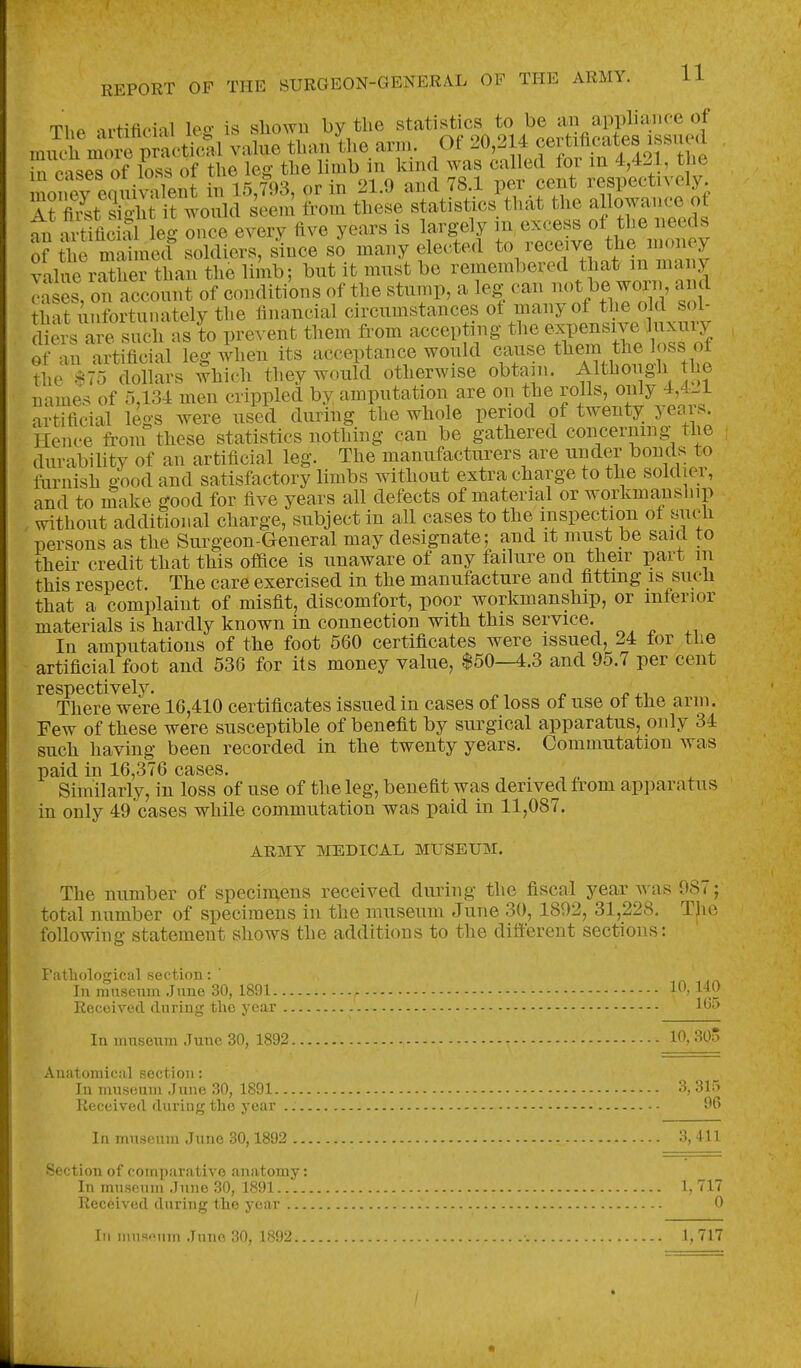 The artificial leg is sho^ra by the ^^^^^.'^[^l^il^^;^^ much more practical value than the arni. Ot bi eases of loss of the leg the limb in kind was called for in 4,421, the monev equiv^'^^^^^^ in 15,703, or in 21.9 and 78.1 per cent respectively At fiTst St it would seen from these statistics that the allowance ot 4 aruL Si leg^ every five years is largely in excess of the needs o?Se mahne'cf soldiers, since so' many elected ^ receive the m^^^^^^^ value rather than the limb; but it must be remembered that m many :.i L' m:account of conditions of the stump, a leg can not be woni, and that imfortunately the financial circumstances of many of the old sol- diei^ are^s^^^^ as to prevent them from accepting the expensive luxury of an artificial leg when its acceptance would cause ^^^m the loss ot the S75 dollars which they would otherwise obtain. Although the names of 5,134 men crippled by amputation are on the rolls, only 4,4.1 artificial leo-s were used during the whole period of twenty years. Hence from these statistics nothing can be gathered concerning the durability of an artificial leg. The manufacturers are under bonds to fiiruish good and satisfactory limbs without extra charge to the soldier, and to make good for five years all defects of material or workmanship without additional charge, subject in all cases to the inspection of such persons as the Surgeon-General may designate; and it must be said to their credit that this ofdce is unaware of any failure on their part in this respect. The care exercised in the manufacture and fitting is such that a complaint of misfit, discomfort, poor workmanship, or inferior materials is hardly known in connection with this service. In amputations of the foot 560 certificates were issued, 24 for the artificial foot and 536 for its money value, $50—4.3 and 95.7 per cent respectively. _ ^, „ ... There were 16,410 certificates issued m cases of loss ot use ot the arm. Few of these were susceptible of benefit by surgical apparatus, only 34 such having been recorded in the twenty years. Commutation was paid in 16,376 cases. Similarly, in loss of use of the leg, benefit was derived from apparatus in only 49 cases while commutation was paid in 11,087. ARMY MEDICAL MUSEUM. The number of specimens received during the fiscal year was 087; total number of specimens in the museum June 30, 1802, 31,228. Tlie following statement shows the additions to the different sections: Pathological section: ■ In miisenin .Jnne 30, 1891 If*' 1^0 Received during the year ^^'^ In museum June 30, 1892 10,30 Anatomical section: In museum June 30, 1891 3, 315 Received during the year - 96 In museum Juno 30,1892 3,411 Section of comparative anatomy: In museum June 30, 1891 1, 717 Received during the year 0 Til iini«'Miiti Jiino ;^0. 1,717