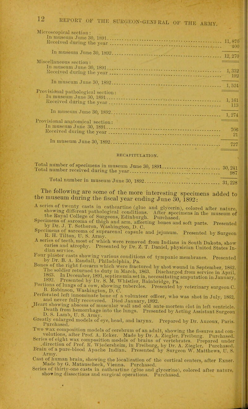 Microscopical section : In museum Juno 30, 1891 Ivcccivod durin'? the year ^'■> ^''^ ^ ^ 400 In museum Juno 30, 1892 ~19~9-0 Miscellaneous section: ■ In museum Juno 30, 1891 Received during tlie year ' ino - - - ■ 192 In museum June 30, 1892 TTTT 1, o24 Provisional pathological section: ■ In museum Juno 30, 1891 Received during the year 11 q In museum June 30, 1892 , ' 1,2(4 Provisional anatomical section: ■- In museum June 30, 1891 Received during the year 2i In museum June 30, 1892. 727 RECAPITULATION. Total number of specimens in museum June 30, 1891 9ii Total number received during the year .''.'*!!.'.'.'!!!987 Total number in museum June 30, 1892 ~31~2^ The following are some of tlie more iuterestiug specimens added to tiie mnseum during the fiscal year ending June 30, 1892: '^''^WiliTr?^ casts in cathcartine (glue and glycerin), colored after nature, showing diflerent pathological conditions. After specimens in the museum of the Royal College of Surgeons, Edinburgh. Purchased. Specimens of sarcoma of thi^h and arm, affecting bones and soft parts. Presented by Dr. J. 1. Sothoron, Washington, D. C. Specim^s of sarcoma of suprarenal capsule and jejunum. Presented by Surgeon K. M. iilton, U. S. Army. ° A series of teetb most of which were removed from Indians in South Dakota, show canes and atrophy. Presented by Dr. Z. T. Daniel, physician United States In- cuan service. Four plaster casts showing various conditions of tympanic membranes. Presented by Dr. B. A. Randall, Philadelphia, Pa. Bones of the riglit f..rearm which were fractured by shot wound in September, 1862. 18,-. T*o <iiity ill March, 1863. Discharged from service in April, 1 Qno December, 1891, septicEsmia set in, necessitating amputation in January, 1892. Presented by Dr. S. M. Whistler, Bainbridge, Pa. Portions of lungs of a cow, showing tubercles. Presented by veterinary suro-eon C. B. Robinson, Washington, D. C. J J o Perforated left innominate bone of a volunteer officer, who was shot in July 1862 and never fully recovered. Died January, 1892. ,Hcart showing abscess of muscular wall and old ante-mortem clot in left ventricle. Death irom hemorrhage into the lungs. Presented by Acting Assistant Surjreon D. S. Lamb, U. S. Army. ° Greatly enlarged models of eye, head, and larynx. Prepared by Dr. Auzoux, Paris. Purchased. r j , Two wax composition models of cerebrum of an adult, showini; the fissures and con- volutions, alter Prof. A. Ecker. Made by Dr. A. Zieglcr, Freiburg. Purchased. Series of eight wax composition models of brains of vertebrates. Prepared under .direction of Prof. R. Wiederslieim, in Freiburg, by Dr. A. Zieglcr. Purchased. Brain of a pure-blood Apache Indian. Presented by' Surgeon W. Matthews, U. S. Army. Cast of human brain, showing the localization of the cortical centers, after Exner. Made by G. Matauscheck, Vienna. Purchased. Series of thirty-one casts in cathcartino (glue aud glycerine), colored after nature. shov( ing dissections and surgical operations. Purchased.