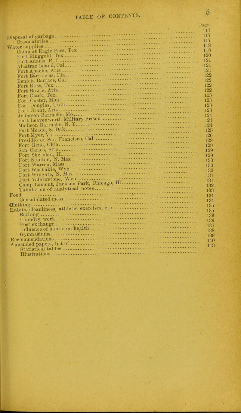 Pago. 117 Disposal of garbage ' 117 Crearaatories 117 Water supplies - - 118 Camp at Eagle Pass, lex 118 Fort Ringgoia, Tex 120 Fort Adams, R.I 121 Alcatraz Island, Cal 121 Fort Apache, Ariz 121 Fort Barrancas, Fla 122 Beuicia Barracs, Cal 122 Fort Bliss, Tex 122 Fort Bowie, Ariz 122 Fort Clark, Tex 123 Fort Custer, Mont 123 Fort Douglas, Utah 123 Fort Grant, Ariz 123 Jeiferson Barracks, Mo --- 124 Fort Leavenworth Military Prison •]^24 Madison Barracks, N. Y 124 Fort Meade, S. Dak 125 FortMyer,Va --- 126 Presidio of San Francisco, Lai -|^29 Fort Reno, Okla 129 San Carlos, Ariz 129 Fort Sheridan, 111 129 Fort Stanton, N. Mex i^q Fort Warren, Mass _ 130 Fort Washakie, Wyo ]^3q Fort Wingate, N. Mex Fort yello wstone, Wyo - - ■ Camp Lament, Jackson Park, Chicago, lU Tabulation of analytical notes 133 Food ■134 Consolidated mess j^34 Clothing - --. : :135 Habits, cleanliness, athletic exercises, etc - Bathing - 136 Laundry work ]^3g Post exchange -|, 37 Influence of habits on health. Gymnasiums  ' Eecommendations -^^q Appended papers, list of ^ j^^g Statistical tables Illustrations