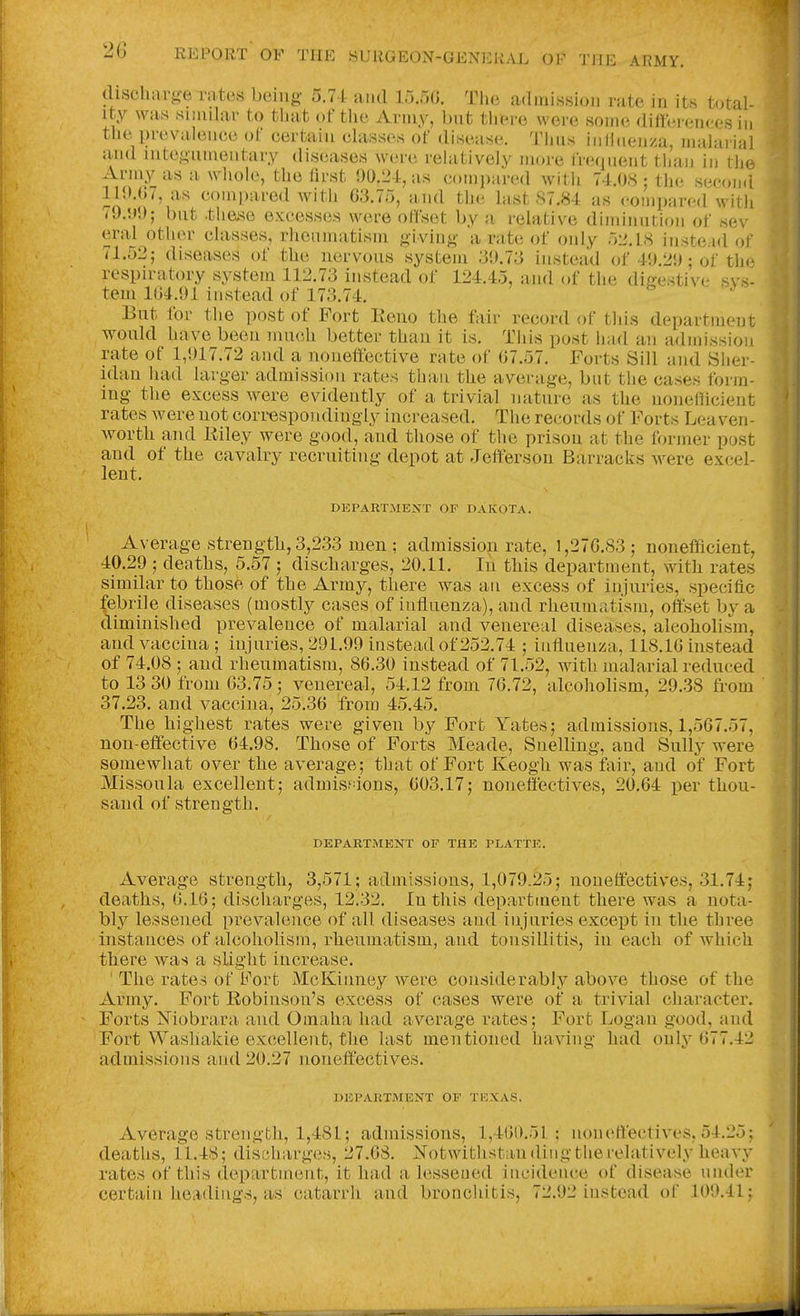 dischiirg-e rates being 5.71 and 15.50. The admission rate in its total- ity was snnilar to that of the Army, bnt there were some diflVi-ences in the prevalenee ol' eertain ehisses of disease. Tlins inilnenza, inalaiial and integnmentary diseases were relatively more I'reqnent than in the Army as a whole, the first 00.2-1, as com])ared with 74.08: the second 110.0/, as compared witii 03.75, and the last S7,84 as compared with 79.'jO; but -these excesses were offset by a relative diminntion of sev era] other classes, rhenmatism giving a rate of only 515.18 instead of 71.52; diseases of the nervous system .'30.73 instead of 40.20; of the respiratory system 112.73 instead of 124.15, and of the diffcstivc svs- tem 104.01 instead of 173.74. But for the post of Port Eeuo the fair record of tliis department would have been much better than it is. This post had an admission rate of 1,017.72 and a noneffective rate of 07.57. Forts Sill and Sher- idan liad larger admission rates than the average, bnt the cases form- ing- the excess were evidently of a trivial nature as the nonefiicient rates were not correspondingly increased. The records of Forts Leaven- Avortli and Kiley were good, and those of the prison at the former post and of the cavalry recruiting depot at Jefferson Barracks were excel- lent. DEPARTMENT OF DAKOTA. Average strengtli, 3,233 men : admission rate, 1,270.83 ; nonefficient, 40.20 ; deaths, 5.57 ; discharges, 20.11. In tbis department, with rates similar to those of the Army, there was an excess of injuries, specific febrile diseases (mostly cases of influenza), and rheumatism, offset by a diminished prevalence of malarial and venereal diseases, aleoholismi, and vaccina ; injuries, 291.90 instead of 252.74 ; influenza, 118.10 instead of 74.08 ; and rhenmatism, 80.30 instead of 71.52, with malarial reduced to 13 30 from 03.75; venereal, 54.12 from 70.72, alcoholism, 20.38 from 37.23. and vaccina, 25.30 from 45.45. The highest rates were given by Fort Yates; admissions, 1,507.57, non-effective 04.98. Those of Forts Meade, Snelling, and Sully were somewhat over the average; that of Fort Keogli was fair, and of Fort Missoula excellent; adniis^dons, 003.17; noneffectives, 20.04 per thou- sand of strength. DEPARTMENT OF THE PLATTE. Average strengtli, 3,571; admissions, 1,079.25; noneffectives, 31.74; deaths, 0.10; discharges, 12.32. In this department there was a nota- bly lessened prevalence of all diseases and injuries except in the three instances of alcohoUsm, rheumatism, and tonsillitis, in each of which there was a slight increase. ' The rates of Port McKinney were considerably above those of the Army. Fort Robinson's excess of cases were of a trivial character. Forts jSriobrara and Omaha had average rates; Fort Logan good, and Fort Washakie excellent, the last mentioned having had only 077.42 admissions and 20.27 noneftectives. DEPARTMENT OP TEXAS. Average Strength, 1,481; admissions, 1,400.51; noneffectives, 54.25; deaths, 11.48; disohargcs, 27.08. Xotwiblistan ding the relatively heavy rates of this department, it had a lessened incidence of disease under certain headings, as catarrh and broncliitis, 72.02 instead of 109.41;