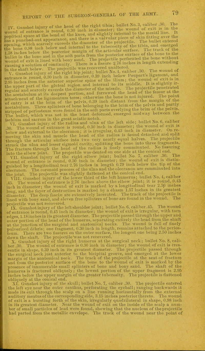 ri^^o/exiHs H; e ^ hl^ ' The projectile porlbrated the bone witW IZing i solutiou of continuity: There is a ti«sore 2 76 niches in length extending in the shaft below. The projectile was rccoycred unaltered. V ftnnshot iuiurv of the right h p oiut; bullet No. 4, caliber .60. ihe wound oi enti-ince l roir 0.30 inch iu diameter, 6.39 inch below Poupart's ligament, and '^h L ltoni U'ie anterior superior spine of the ilium; ^^^^.^'^V^}^ t u unner nart of the luteal region and internal to its middle. It is slightly u- Jegi ?au sc-^^^^^ e:rceeds the^diameter of the mi.sile The f^f^^^Xl^^^v^^^^^ it acetabulum at its deepest portion, and furrowed the ^^^^^f/'^ f^i*^,^^^'/* ^^^^ attach'nent of the ligamentum teres; otherwise the bone is not injured, ihe point ofentry s at the brim of the pelvis, 0.39 inch distant from the margin of the acetSuiu. Three splinters of bone belonging to the brim of the pelvis an d partly ^iwedrperh^st^^ were found in the soft parts overlying the brim of tlie pelvis llie bullet, which was not in the least deformed, emerged midway between the ischinm and sacrum in the great sciatic iiotcb. , , ,t ti ^TGun8hot injurv of the radius and ulua of the left side; bullet No 6 caliber 30 The wound of entrance is round, 0.30 inch in diameter; the wound of exit is below and external to the olecranon; it is irregular 0.43 inch in diameter. On re- nioviu- the skin and muscle the head of the radius is found detached and split throu<?h the articular surface into two very nearly equal halves. Ihe projectile struck the ulna and lesser sigmoid cavity, splitting the bone into three fragments. The fracture through the head of the radius is finely comminuted, ^o iissnrmg into the elbow joint. The projectile was dented on one side at the conical end. VII Gunshot injury of the right elbow joint; bullet No. 7, caliber .30. ilie wound of entrance is round, 0.30 inch in diameter; the wound of exit is distm- o-uished by a longitudinal tear 2.76 inches in length 0.79 inch below the tip of the Olecranon. The coronoid process of the ulna, and the olecranon are comminuted into the ioint. The projectile was slightly flattened at the conical end. VIII Gunshot iniury of tlie lower third of the left liumerus; bullet No. 4, caliber 45 The wound ofentrauce is 2.76 inches above the elbow joint; it is round, 0.43 inch in diameter; the wound of exit is marked by a longitudinal tear 2.3(3 inches lon'^ and the foyer of destruction is marked by a chasm 1.57 inches m its greatest diameter. The deep fascire are extensively lacerated. The track of the projectile is lined with bony sand, and eleven free splinters of bone are found in tbe wound. The proiectile was not recovered. , IX. Gunshot injury of the left shoulder joint; bullet No. 6, caliber .4o. The wound of entrance is round, 0.45 inch in diameter; the wound of exit is irregular, with torn edo-es, 1.18inches in its greatest diameter. The projectile passed through the upper and outer portion of the head of the humerus, separating entirely the head from the shaft at the junction of the surgical and anatomical necks. The wound is full of finely pulverized debris; one fragment, 0.30 inch in length, remains attached to tlie perios- teum. There are two lissures on tbe outer surface, the longest one being 2.50 inches down the shaft. The projectile'was not recovered. X. Gunshot injury of the right humerus at the surgical neck; bullet No. 8, cali- ber .30. The wound of entrance is 0.30 inch in diameter; the wound of exit is cres- centic in shape, 0.39 inch in its greatest diameter. The projectile passed through, the surgical neck just anterior to the bicipital groove, and emerged at the lower margin of the anatomical neck. The track of the projectile at the seat of fracture and from tlie posterior surface of the bone to the-wound of exit is marked by the presence of innumerable small splinters of bone and bony sand. The shaft of the humerus is fractured obliquely; the lowest portion of the upper fragment is 2.95 inches belbw the upper margin of the greater tuberosity. The projectile is flattened obliquely at the conical end. XI. Gunshot injury of the skull; bullet No. 7, caliber .30. The projectile entered the left eye near the outer canthus, perforating the eyeball; ranging backwards it made its exit through the scalp on a line running horizontally from the external auditory meatus of the corresponding side, 3.15 inches posterior thereto. The wound of exit is a bursting forth of the skin, irregularly quadrilateral in shape, 0.98 inch in its greatest diameter. Near the wound of exit on the inside of the scalp a num- ber of small particles of lead were found, showing that the nucleus of the projectile had parted from the metallic envelope. The track of the wound near the point of