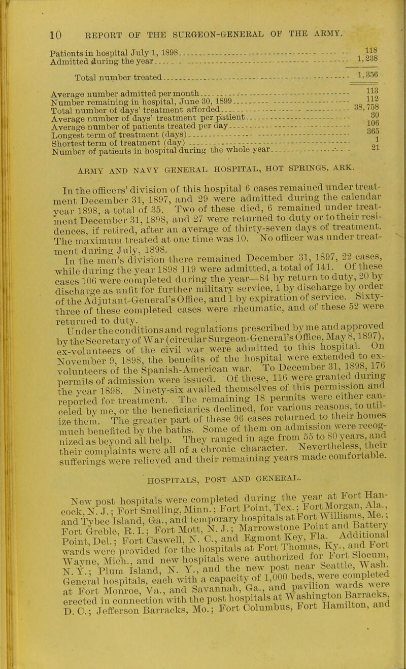 Patients in hospital July 1, 1898 - - - Jf^ Admitted dnring the year 1,4,6a Total number treated - 1,25Q Average number admitted per month -■ j Number remaining in hospital, June 30, 1899 }}^ Total number of days' treatment afforded - Average number of days' treatment per patient - - Average number of patients treated per day — ^ Longest term of treatment (days) - - - - Shortest term of treatment (day) - - - • - \ Number of patients in hospital during the whole year -••. - ARMY AND NAVY GENERAL HOSPITAL, HOT SPRINGS, ARK. In the officers' division of this hospital 6 cases remained under treat- ment December 31, 1897, and 29 were admitted during the calendar year 1898, a total of 35. Two of these died, 6 remained under treat- ment December 31,1898, and 27 were returned to duty or to their resi- dences, if retired, after an average of thirty-seven days of treatment. The maximum treated at one time was 10. No officer was under treat- ment dufing July, 1898. In the men's division there remained December 31, 1897, 22 cases, while during the year 1898 119 were admitted, a total of 141. Of these cases 106 were completed during the year—84 by return to duty, 20 by discharge as unfit for further military service, 1 by discharge by order of the Adjutant-General's Office, and 1 by expiration of service. »ixty- three of these completed cases were rheumatic, and of these 5- were returned to duty. • -, ^ Under the conditions and regulations prescribed by me arid appi'O ved bv the Secretary of War (circular Surgeon-General s Office May b lb.J/ ), ex-volunteers of the civil war were admitted to this hospital. On November 9, 1898, the benefits of the liospital were extended to ex- volunteers of the Spanish-American war. To December 31 1898, l b permits of admission were issued. Of these, lib were granted duiiug the vear 1898. Ninety-six availed themselves of this permission and reported for treatment. The remaining 18 permits were either can- celed by me, or the beneficiaries declined, for various reasons, to util- ize them. The greater part of these 96 cases returned to their hoines much benefited by the baths. Some of them on admission ^^-ere rec^g^ nized as beyond all help. They ranged m age f^'^^lf ! their complaints were all of a chronic character. Nevertheless then sufferings were relieved and their remaining years made comfoitable. HOSPITALS, POST AND GENERAL. New post hospitals were completed during the ^r at Fort Hau- cock, K J.; Fort Snelling, Minn.; Fort Point, Tex ; FortMoigan Ala., andTybee Island, Ga., and temporary hospitals ^5,^'*.^^^^^^f^^^^^^^ Fort Greble, R. I.; Fort Mott, N. J.; Marrowstone Point a^^^l ^aU^^^^^ Point,Del.; Fort Caswell, N. C., and T^g^^of ^^X^^ wards were provided for the hospitals at Fort Thomas Iv^. arid^^^^^^^ Wayne, Mich., and new hospitals were authorized foi Fo t^Sloc^^^^^ Y • Plum island N. Y., and the new post near Seattle, N\ asii. GeJemnlo^piul^^th wia\ capaoit,y ^ 1,000 ^eds were co^^^^^^^^^^ at Fort Monroe Va., and Savannah, Ga., and pavilion waias Aveie ejected in crnection with the pos^ hospitals at Washington B^^^^^^^ D. C; Jefferson Barracks, Mo.; Fort Columbus, lort Hamilton, and