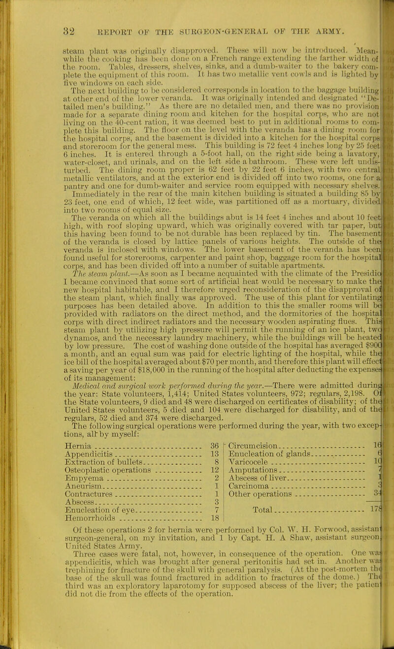 steam plant was originally disapproved. Thene will now be introduced. Mean- while tlie cooking haw been done on a French range extending the farther width n{ the room. Tables, dressers, shelves, sinks, and a duiid>waiter to the bakery com- plete the e(iuii)inent of this room. It has two metallic vent cowls and is lighted Ijy live windows on each side. The next building to be considered corresponds in location to the baggage buildin;.' at other end of the lower veranda. It was origiimlly intended and designated J)i- tailed men's buildiug. As there are no detailed men, and there was no provision made for a separate dining room and kitchen for the hosjjital corps, who are iidt living on the 40-cent ration, it was deemed be«t to put in additional rooms to com- plete this building. The floor on the level with the veranda has a dining room for the hospital corps, and the basement is divided into a kitchen for the hospital coi ] >- and storeroom for the general mess. This building is 72 feet 4 inches long by 25 feet 6 inches. It is entered through a 5-foot hall, on the right side being a lavat(jry, water-closet, and urinals, and on the left side a bathroom. These were left undis- turbed. The dining room proper is 62 feet by 22 feet 6 inches, with two central metallic ventilators, and at the exterior end is divided off into two rooms, one fur a pantry and one for dumb-waiter and service room equipped with necessary shelve,-^. Immediately in the rear of the main kitchen building is situated a building 85 l)y 23 feet, one eiid of which, 12 feet wide, was partitioned off as a mortuary, divided into two rooms of equal size. The veranda on which all the buildings abut is 14 feet 4 mches and about 10 feet high, with roof sloping upward, which was originally covered with tar paper, 1mit this having been found to be not durable has been replaced by tin. The baseuK jit of the veranda is closed by lattice panels of various heights. The outside of ilic veranda is inclosed with windows. The lower basement of the veranda has beeji found useful for storerooms, carpenter and paint shop, baggage room for the hospital corps, and has been divided off into a number of suitable apartments. The steam plant.—As soon as I became acquainted Avith the climate of the Presidio I became convinced that some sort of artificial heat would be necessary to make the new hospital habitable, and I therefore urged reconsideration of the disapproval oJ the steam plant, which finally was approved. The use of this plant for ventilating purposes has been detailed above. In addition to this the smaller rooms will be provided with radiators on the direct method, and the dormitories of the hospita' corps with direct indirect radiators and the necessary wooden aspirating fines. Thii steam plant by utilizing high pressure will permit the running of an ice plant, tw( dynamos, and the necessary laundry machinery, while the buildings will be heatec by low pressure. The cost of washing done outside of the hospital has averaged §90( a month, and an equal sum was paid for electric lighting of the hospital, while tht ice bill of the hospital averaged about $70 per month, and therefore this plant will effeci a saving per year of $18,000 in the running of the hospital after deductmg the expense! of its management: Medical and surgical ivorh performed durin.g the year.—There were admitted durin: the year: State volunteers, 1,414; United States volunteers, 972; regulars, 2,198. 0: the State volunteers, 9 died and 48 were discharged on certificates of disability; of th( IJnited States volunteers, 5 died and 104 were discharged for disahility, and of th( regulars, 52 died and 374 were discharged. The following surgical operations were performed during the year, with two excep tions, alt by myself: Circumcision If Enucleation of glands Varicocele K Amputations Abscess of liver Carcinoma Other operations ^ Total 17{ Hernia 36 Appendicitis 13 Extraction of bullets 8 Osteoplastic operations 12 Empyema '. 2 Aneurism 1 Contractures 1 Abscess 3 Enucleation of eye 7 HemoiThoids 18 Of these operations 2 for hernia were performed by Col. W. H. Forwood, assistan surgeon-general, on my invitation, and 1 by Capt. H. A Shaw, assistant surgeon United States Army. Three cases were fatal, not, however, in consequence of the operation. One wa; appendicitis, which was brought after general peritonitis had set in. Another wai trephining for fracture of the skull with general paralysis. (At the post-mortem th( base of the skull was found fractured in addition to fractures of the dome.) The third was an exploratory laparotomy for supposed abscess of the liver; the patien did not die from the eiEfects of the operation. I