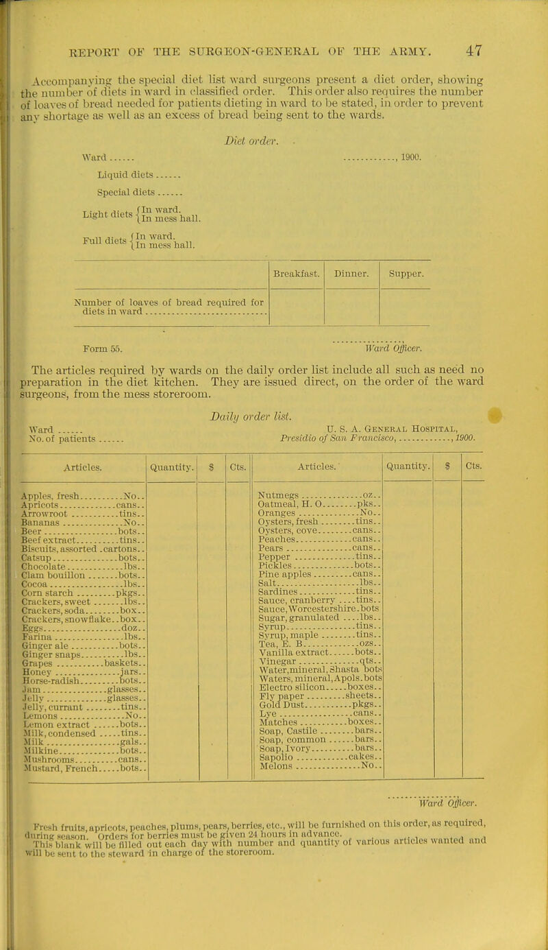 ^Vfconipaiiyiiig the special diet list ward sui'geons present a diet order, showing the number of diets in ward in classified order. This order also requires the number iif loaves of bread needed for patients dieting in ward to be stated, in order to prevent anv shortage as well as an excess of bread being sent to the wards. Diet order. Ward Liquid diets. Special diets. ., 1900. Light diets In ward. mess hall. Breakfast. Dinner. Supper. Number of loaves of bread required for diets in ward Form 55. Ward Officer. The articles required by wards on the daily order list include all such as need no preparation in the diet kitchen. They are issued direct, on the order of the ward surgeons, from the mess storeroom. Ward \o.of patients Daily order list. U. S. A. General Hospital, Presidio of San Francisco, , 1900. Articles. Apples, fresh No.. .\pricots cans.. Arrowroot tins.. Bananas No.. Beer bots.. Beef extract tins.. Biscuits,assorted .cartons.. Catsup bots.. Chocolate lbs.. Clam bouillon bots.. Cocoa lbs.. Corn starch pkgs.. Crackers, sweet lbs.. Crackers, soda bo.x.. Crackers, snowfiake. .box.. Egg.s doz.. Farina lbs.. Ginger ale bots Ginger snaps lbs Grapes baskets.. Honey .jars.. Horse-radish bots. Jam glasses. Jelly glasses.. Jelly, currant tins. Lemons No. Lemon extract bots.. Milk,condensed tins.. Milk gals. Milkine bots. Mushrooms cans.. Mustard, French bots.. Quantity. Cts. Articles. Nutmegs oz.. Oatmeal, H. O pks.. Oranges No.. Oysters, fresh tins.. Oysters, cove cans.. Peaches cans.. Pears cans.. Pepper tins.. Pickles bots.. Pine apples cans.. Salt lbs.. Sardines tins.. Sauce, cranberry —tins.. Sauce, Worcestershire .bots Sugar, granulated lbs.. Syrup tins.. Svrup, mnple tins.. Tea, E. B ozs.. Vanilla extract bots.. Vinegar qts.. Water,mineral, Shasta bots Waters, mineral,Apols.bots Electro silicon boxes.. Fly paper sheets.. Gold Dust pkgs.. Lye cans.. Matches boxes.. Soap, Ca.stile bars.. Soap, common bars.. Soap. Ivory bars.. Sapolio cakes.. Melons No.. Quantity. $ Cts. Ward Officer. Fresh fruits,apricots, peaches,plums, pears,berries, etc., will be furnished on this order, as required, dnrinir sea.son Orders for berries mu.st be given 24 hours in advance. . „„f„j „„j ThiHbUmk will be iilled out each dav wfth number and quantity of various articles wanted and Will be sent to the steward in charge of the storeroom.