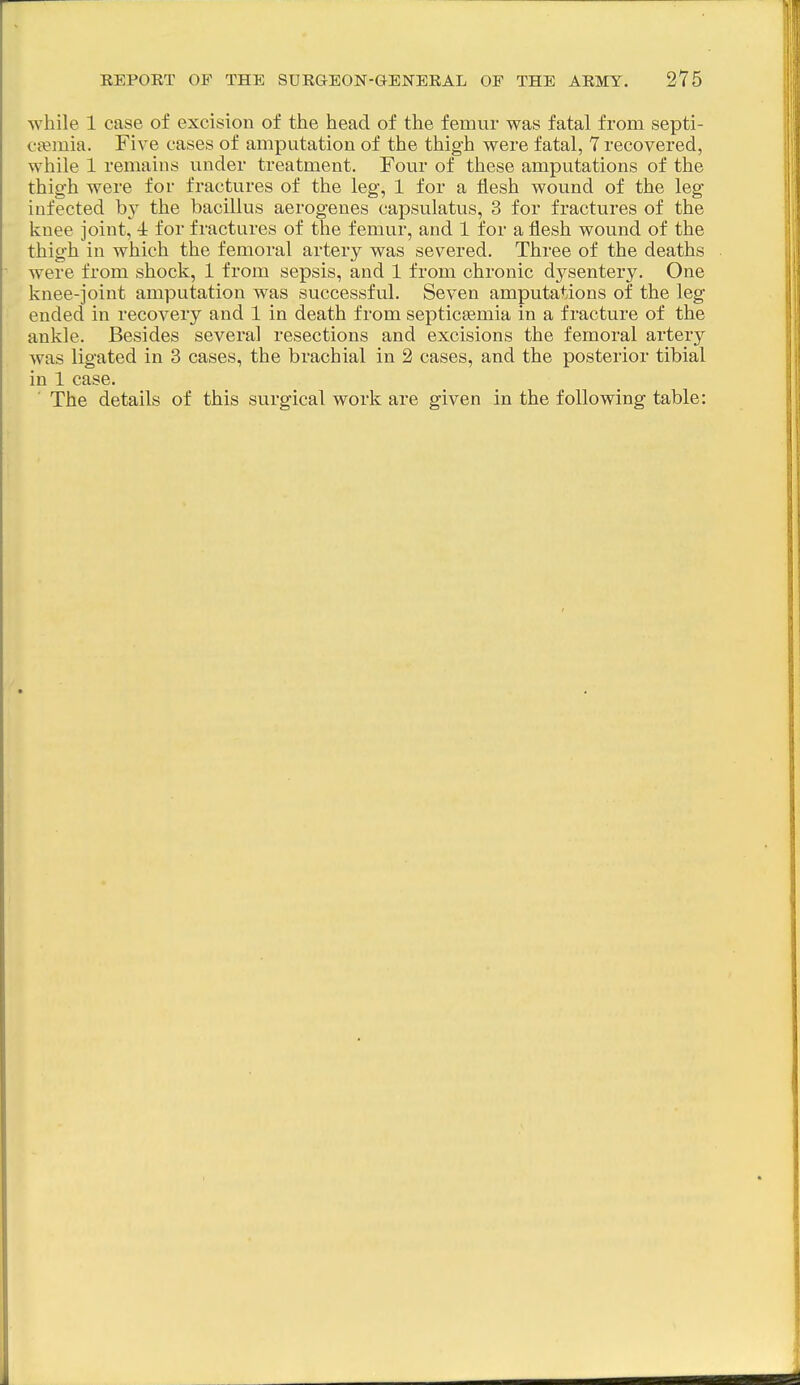 while 1 case of excision of the head of the femur was fatal from septi- otemia. Five cases of amputation of the thigh were fatal, 7 recovered, while 1 remains under treatment. Four of these amputations of the thigh were for fractures of the leg, 1 for a flesh wound of the leg infected by the bacillus aerogenes capsulatus, 3 for fractures of the knee joint, 4 for fractures of the femur, and 1 for a flesh wound of the thigh in which the femoral artery was severed. Three of the deaths were from shock, 1 from sepsis, and 1 from chronic dysentery. One knee-joint amputation was successful. Seven amputations of the leg ended in recovery and 1 in death from septicaemia in a fracture of the ankle. Besides several resections and excisions the femoral artery was ligated in 3 cases, the brachial in 2 cases, and the posterior tibial in 1 case. ' The details of this surgical work are given in the following table:
