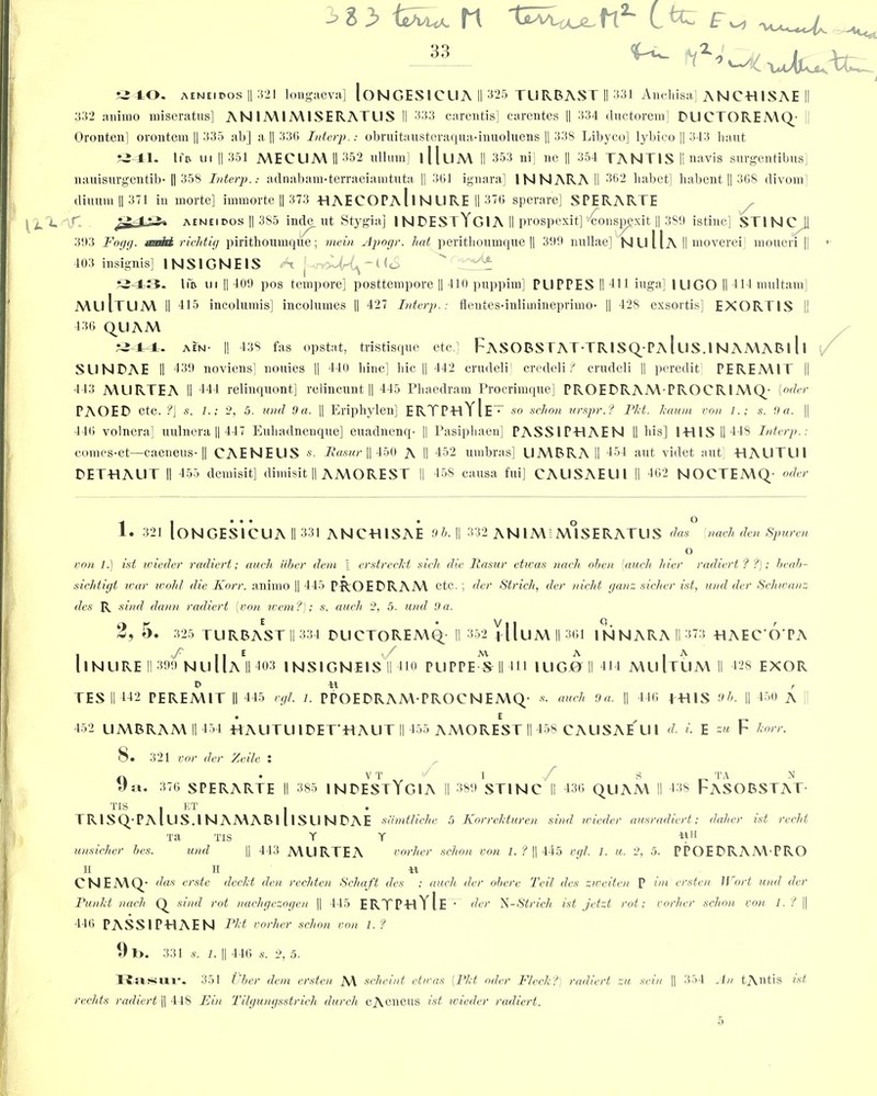 33 2 40. aeneidos II 321 longaeva] loNGESICUA II 325 TURBAST II 331 Ancliisa] ANCHISAE II 332 animo miseratus] AN IM1MISERATUS II 333 carentis] carentes || 334 ductorem] DUCTOREMQ; Oronten] orontem || 335 ab] a || 336 Interp.: obruitausteraquadnuoluens || 338 Libyco] lybico || 343 liaut 241. Iib ui || 351 MECLIA\ II 352 ullum] lUllA\ II 353 ni] ne || 354 TANTIS || navis snrgentibus] nauisurgentib- || 358 Interp.: adnabam-terraeiamtuta || 361 ignara] 1NNARAII 362 habet] habent || 368 divom] diuum || 371 in morte] innnorte || 373 HAECOPA11 N U RE II 376 sperare] SPERARTE ^f-i. aeneipos || 3S5 indent Stygia] INDESTYG1A II prospexit] 'cons^gxit || 3S9 istinc] ST1NC || 393 Fogg, mutt richtig pirithoumque; mein Apogr. hat peritboumque || 399 nnllae] NuUa II nioverei moneri || 403 insignis] 1NS1GNE1S ■■aAX £J4=E5. Iio in I) 409 pos tempore] posttempore || 410 puppim] PUPPES II 411 iuga] 1UGO II 414multam] muItu A\ II 415 incolumis] incolmnes || 427 Interp.: flentes-inliuiinepriino- || 428 exsortis] EXORTIS || 436 QUAM 2 1 1. AEN- || 13S fas opstat, tristisque etc ] Fa.SOBS TAT-TR1SQ PA l US.l N AMAB111 SUNDAE II 439 noviens] nouies || 440 bine] liic || 442 crudeli! credeli ? crudeli || peredit PEREMIF || 443 MURTEA II 444 relinquont] relincunt || 445 Phaedram Procrimque] PROEDRAMPROCRIMQ; (oiler PAOED etc. ?\ s. 1.; 2, 5. und 9a. || Eriphylen] ERTPhY1e~ so schon urspr.1 Pit. kaum von l.; s. 9a. || 446 volnera] uulnera || 447 Eubadnenqne] euadnenq- || Pasiphaen] PASSIPHAEN II bis] 1441S 11 448 Interp.: comes-et—caeneus-1| CAENEUS s. Rasur || 450 A II 452 umbras] UA\BRA II 454 ant videt nut. F4AUTLI I DET-HAUT II 455 demisit] dimisit || AMOREST II 458 causa fui] CAUSAEU1 II 462 NOCTEMQ- oder !• 321 loNGESICUA II 331 ANCHISAE 9b. || 332 AN 1M = MISERATUS das [nach den Spuren von l.) ist wieder radiert; aucli fiber dem I erstreckt sieh die Rasur etwas nach oben [aucli Icier radiert ? ?); beah- siclitigt war wold die Korr. animo || 445 PROEDRAM etc. ; der Strich, der nieht ganz sicker ist, und der Schwanz des R sind dann radiert (von teem ?); s. aucli 2, 5. and 9 a. 9 A Vi Q. 6, O. 325 TURBAST II 334 DUCTOREMQ; II 352 pllUMI|361 1NNARAII373 HAEC O PA I / 11^ ^ ^ I A IINURE II 399 NUllA II 403 I NS 1GNE IS II 410 PUPPE-S- II 411 IUGJ0MI 414 MUlTUMII 428 EXOR TES II 442 PEREM1T II 445 vgl. l. PPOEDRAMPROCNEMQ- *. aucli 9a. || 446 p«lS 9b. » 450 A 452 UMBRAM II 454 HAUTUIDETttAUT II 455 AMOREST II 458 CAUSAE UI d. i. E zu F korr. / TA S. 321 vor der Zeile l • V T S I “a. 376 SPERARTE II 385 1 NDESTYG1A II 389 STING II 436 QUAAF II 438 FASOBSTAT TIS , ET . TRlSqPAlUS.lNAMABlhsiiNDAE siimtliche 5 Korrekturen sind wieder ausradiert; daher ist redd xa Tis unsicher bes. und Y y »H 443 MURTEA vorlier schon von 1.11| 445 vgl. 1. «. 2, 5. PPOEDRAM-PRO H H Yl CNEMQ- das erste deckt den redden Scliaft des ; aucli der obere 'l'cil des zweiten P im ersten Wort und der Punkt nach Q sind rot nachgezogen || 445 ertphYIe • der St rich ist jetzt rot; earlier schon von 1. ? || 446 PASS l P-HAE N Pkt vorlier schon von 1.1 9 I>. 331 s. 1. || 446 s. 2, 5. Rasur. 351 fiber dem ersten M scheint etwas (Pkt oder Fleck?) radiert zu sein || 354 An tAntis ist redds radiert || 448 Fin Tilgungsstrich darch cAcneus ist wieder radiert. 5