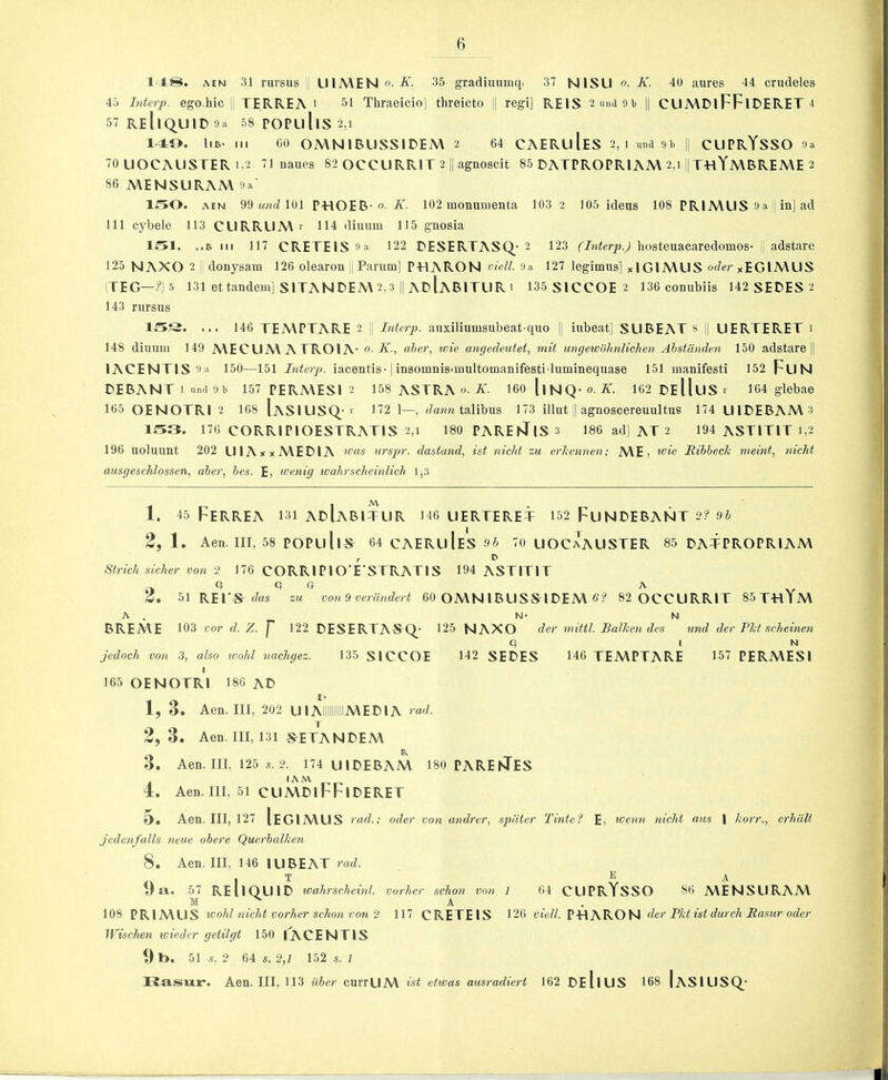 l-AS. AEN 31 rursus i UlMEN <>■ K. 35 gradimimq. 37 NISLI n. K. 40 aures 44 crudeles 45 Interp. ego.hie |l TERREA i 51 Thraeicio] threicto i| regi] REIS 2una9b II CUMDlFFlDERET 1 57REllQUlD9a 58POPullS2,i 14L9. liB- Ml 60 OMNIRUSSIDEM 2 64 CAERuIeS 2, lundob H CUPRYsSO oa 70 UOCALISTER 1,2 71 naues 82 OCCLIRRIT 2 || agnoscit 85 DATPROPRIAM 2,i 1|T«YMRREA\E 2 86 A\ENSURAA\ !)a 150. AEN 99 101 P-HOER-o. A'. 102 monumenta 103 2 105 ideas 108 PRIMUS 9 a | in] ad 111 cybele 113 CURRUMr 114 diuum 115 gnosia 151. ..B Ml 117 CRETEISSa 122 DESERTASQ-2 123 hosteuacaredomos- |i adstare 125 NAXO 2 i donysam 126 olearon |j Parum] P-HARON viell. 9a 127 legimus] xlGIMUS oder xEGlMUS TEG—?)5 131 ettandem] SITANDEM2,3 II AdIaBITLIRi 135 SICCOE 2 136 conubiis 142SEDES2 143 rursus ISS. ... 146 TEMPTARE 2 || Interp. auxiliumsubeat-quo |j iube.at] SUBEAT s jj UERTERET i 148 diuum 149 MECUMATROIA- o. AT., aher, wie angedeutet, mit ungewohnlichcn Ahstdnde.n 150 adstare || lACENTlS 9a 150—151 Interp. iacentis-1 insomnisumiltomanifesti-luminequase 151 manifesti 152 FuN BEBANT I und 9b 157 PERMESI 2 158 ASTRA o-A'. 160 [iNQ-o. A. 162BeIIuSi- 164 glebae 165 OENOTRI 2 168 IaSIUSQ-i^ U2 1—talibus 173 illut || agnoscereuultue 174 UIBEBAM3 1S3. 176 CORRIPIOESTRATIS 2,1 ISOPAREhJlSs 186 ad] AT 2 194 ASTITIT i,2 196 uohiunt 202 UlAxx MEDIA urspr. dastand, ist nicht zu erlicnnen; ME, wie Rihheck nieint, nicht ausgeschlossen, aber, hes. E, loenig tcahrscheinlich 1,3 1. 45 FeRREA 131 AdIaBITUR H6 UERTERET 152 FuNDEBANT .9i 2, 1. Aen. Ill, 58 POPullS^ 64 CAERuIeS Ob 70 UOCaAUSTER 85 DATPROPRIAM A t> Strich sicker von 2 J76 CORRIPIO'E'STRATIS 194 ASTITIT Q Q 6 A Z, 51 RETS- (Z«s zu vonOvercindert 60 OMNIBUSSIDEM 6? 82QCCURRIT 85TTIYM A . N- N BREME 103 vor d. Z. f 122 DESERTASQ- 125 NAXO der mittl. Balken dcs und der Pkt schehicn q I N jedoch von 3, also wohl nachgez. 135 SICCOE 142 SEDES 146 TEMPTARE 157 PERMESI I 165 OENOTRI 186 AD £• 1, 3. Aen. Ill, 202 U lAlllilllMEDIA rad. 2, 3. Aen. Ill, 131 S^ETANDEM 3, Aen. Ill, 125 s. 2. 174UIDEBAM 180PARE^TES lAM 4:. Aen. Ill, 51 CUMDlFFlDERET 5. Aen. Ill, 127 IeGIMUS rad.; oder von andrer, spiiter Tinte? E, loenn nicht aiis I korr., erhult jedonfalls neue obere Querbalken 8. Aen. Ill, 146 lUBEAT , T E A y a. 57 REllQUlD wahrscheml. vorher schon von 1 64 CUPRYsSO 86 MENSURAM M A 108 PRIMUS wohl nicht vorher schon von'■2 117 CRETEIS 126 viell. P-HARON der Pkt ist durch Rasur oder Wischen wieder getilgt 150 FACENTIS 9t>. 51 s. 2 64 s. 2,1 152 s. 1 IS^asux*. Aen. Ill, 113 Uber currUM ist etivas ausradiert 162 DeIiUS 168 IaSIUSQ-