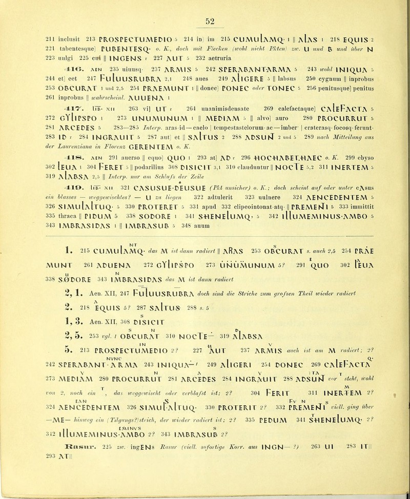 211 inclusit 213 PROSPECTLIMEDIO 5 214 in] im 215 CUMuIaMQ- i |1 aIaS i 218 EQUIS 2 221 tabentesqne] PUBENTESQ' o. K., dock mit Fleeken (ivohl nicht Pktcn) zu\ U unci R und uher N 223 milgi 225 cm || INGENS i' 227 AUT & 232 aetruria AEN 235 niuusq- 237 ARA\IS 5 242 SPERABANTARMA 5 243 ivohl INIQ_UA 5 244 et] eet 247 FuIlIUSRUBRA 2,i 248 aues 249 aIiGERE 5 || labsus 250 cygnnm || inprobus 253 OBCURAT i and 2,5 254 PRAEMUNT i || donee] PONEC oder TONEC & 256 penitusque] penitus 261 inprobus || icahrscheinl. AUUENA i ‘4-1^. ITn- XII 263 vi] UT r 264 unanimisdensate 269 calefactaque] CaIeFaCTA 5 272 gYIiPSPO 1 273 UNUA\UNL1A\ i II MEBIAM 5 || alvo] auro 280 PROCURRUT 5 281 ARCEDES 5 283—285 Interp. aras id — caelo | tempestastelorum-ac — imber' | craterasq-focosq-ferunt- 283 IB r 284 INGRALIIT 5 287 ant] et || SaItUS 2 288 ADSUNT 2 und 5 289 nach Mitteiluncj cuts der Laurenziana in Florenz GERENTEM o. K. AEN 291 auerso || equo] Q^UO i 293 at] AD r 296 -HOC-HABET.-HAEC o. K. 299 ebyso 302 IeUA 1 304 FeRET 5 II podarilius 308 DISICIT 3,i 310 clauduntur || NOCTE 5,2 311 INERTEM 3 319 aIaBSA 2,5 II Interp. nur am Schlufs der Zeile 410. XII 321 CASLISUE'DEUSUE (Pkt unsicher) o.K.; dock scheint auf oder unter cAsus ein Masses — weejejewisektesf — U liegen 322 adtnlerit 323 uulnere 324 AENCEDENTEM 5 326 S1A\uIaItLIQ.- 5 330 PROTERET 5 331 apud 332 clipeointonatatq-|| PREA\E sTl 5 333 immittit 335 thraca II PIDUM 5 338 SODORE i 341 S-HENeIuMQ> 5 342 llluMEMlNUS AA\BO 5 343 IA\BRAS1DAS i || IMBRASUB 5 348 auum I NT s 1. 215 CLIMUIaMQ- das M ist dann radiert || aRAS 253 OBCURAT auch 2,5 MLINT 261 ADLIENA 272 gYI IPSPO 273 UNLIA\UNUA\ 51 291 QUO U N 338 SjODORE 343 IMBRASIDAS das M ist dann radiert 254 PRAE 302 IeUA 2, 1. Aen. XII, 247 FuluUSRUBRA dock sind die Striche zum gro/sen Tkeil wieder radiert 2, 218 EQUIS 5? 287 SaItUS^ 288 s. 5 g 1,3. Aen. XII, 308 DIS 1C IT 2, 5. 253 ty. 7 OBCURAT 310 NOCTE— 319 aIaBSA 5. 213 PROSPECTLIA\ED10 i>f 227 AUT 237 ARMIS auch ist am M radiert; 2? NVNC . , I r’ 242 SPERABANT-A RMA 243 1N1QUA-' 249 AllGERl 254 DONEC 269 caIeFACTA V N A V ■ TA -f 273 MEDIAM 280 PROCURRUT 281 ARCEDES 284 INGRALIIT 288 ADSUNT vor stehf, ivohl y M von 2, nock ein , das iveggewischt oder verhlafst ist; 2f 304 FERIT 311 INERTEM 2? EAN I Fv N s 324 AENCEDENTEM 326 SlMLI I aItUQ.- 330 PROTERlT 2? 332 PREMEhJl viell. ginej iiber —ME— hinweg ein (Tilgiingsfjstrick, der wieder radiert ist; 2? 335 PEDLIM 341 STIENeIuMQ’ 2? II EMINVS s 312 llluMEMINUS AMBO 2? 343 IMBRASUB 2? Kasiir. 225 zw. ingENs Rasur (viell. sofortige Korr. aus INGN— ?) 263 LI 1 283 ITIII 293 ATIII