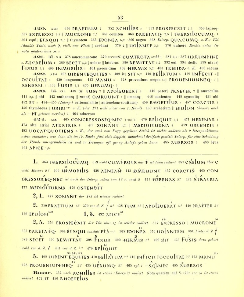 IJ^O. AEN 350 PRAETIUM 2 352 AC-HiHeS 1- 353 PROSPECXIT 2,5 350 lapsoq- 357 EXPRESSO 2,5 || A\LICRONE 2,5 302 comiten 303 DARETATQ- 2,5 |1 T-HERSl loCUMQ- 1 304 etpiil ETAqUl 2,5 II tliymotem 305 EDONEA 5,2 306 aegeo 308 Intcvp. QLIA.CUMQ_- o.K.; PH (dunJde Tinte) nach A viell. nur Fleck || caedunt 370 2 || UoIaNTE 2,5 376 uulnere liechts untcn die f nota quaternionis m r liB- XII 378 mucronmcrone 370 vcrmutl. CLIMTROTA nmhl 1 381 2,5 387 HARUNDINE 0-A'.ll CAeIlIA\ 1 389 SECET 5,2 (I uulnus II latebras 390 REA\ITTAT 5,2 302 cui 394 dedit 398 nixiis] FiXUS 5,2 400 INMOBlllS I 401 paeonidnm 402 HERMIS 5,2 403 TREPIDA-o. A'. 406 saeuiis AEN 408 LIIDENTEQUITES 5 400 it] SIT 5,2 410ReIIaTUM5 418 I N FeC IT 5 || OCCuItAE 5 420 longaeuus 423 A\ANLI 5 428 proveniiint neqne te] PROUE N I U N N E Q_* 5 j, AENEAN 1 433 FuSIS 5,2 435 UERUMQ- 5 hi- XII 438 tu] TLIA\ 2 || ADoIeUERAT 2 440 pater] PRAETER 2 || ammcnlus 411 2,5 [I ubi 443 anthaeusq-|| nmut] OA\RUUNT 1 || omnesq’ 446 uenientes 449 agnouitip 451 ubi 452 ET 1- 454—455 (Interp.) riiitomnialate ! anteuolans sonitumq- 456 R-HOETeIuS >' 457 COACTIS ' 458 tbymbreus || OSIRI^ n. K. (der Pit wohl nicht von 1. Hand) 459 archetium || EPuloN (konnte anch als —PT (jelesen iverdcn) 2 464 aduersos AEN 465 CONGRESSOSEQ NEC 1 umi 5 470 ReIiqUIT 5,2 471 «EBENAS 1 474 alta atria] ATRATRIA 1 477 SONANT 1,2 || MEDIOITLIRNA 1 479 OSTENDIT 1 483 U OCAT'Q U OTl E N S o. K.; der auch von Fo(jg. gegehene Strich ist tiichts anderes als 2 Interpunktionen neben vinunder; wie denn die ini 1'2. Buche fast stets doppelt, manchmal dreifacli gesetzte Interp. fur eine Scheidung der Ilande unergrUndlich ist und zu Irrungen oft gcnug Anlafs gvbcn kann 485 AUERSOS 5 488 leua 492 APICE 1,5 1. 303 THERSI loCLIMQ- 379 CU A\TROTA das T istdann radiert 387 €A^eIuA\ uher Q viell. Rasur; 2? 400 |NMOBlllS 428 AENEAN 443 j0rMRLIUNT 457 COACTU^ 405 CON A A I A GRESSOS,EQ_-NEC ist auch die Interp. schon von 1? s. auch 5 471 XIEBENAS b? 474 ATRATRIA 477 METloYrURNA 479 OSTENBTT 2, 1. 477 SONANT der Pkt ist ivieder radiert 2. 350 PRAET1UA\ 5? ‘ilQ vor d. Z. 'j b? 438 TU A\ 5? ADO IE U ERAT 5 ? 440 PRAETER5/ 459 EPLiIon' 1, 5. 492 APICe' or- ^ .W, 5. 353 PROSPECXIT der Pkt iibcr C ist ivieder radiert 357 EXPRESSO MUCRONE 363 PARErATQ- 364 EtAQ_U I eIa—^ 365 EDONEA 370 LIoIaNTEM hinter d. Z. j N N N R i 389 SECET 390 REMITTAT 398 FlXUS 402 «ERA\1S 1? 409 $|T 433 FuSIS dazu gehUrt X I wohl vor d. Z. p 411 vor d. Z. 470 RE 11 QUIT _ SVD.EVN1 II N I 5. 408 UIDENTEQUIFES 410 RE I IaTU A\ 2/ 418 IN FICI F |1 OCCU ItAE 2^ 423 MANU 428 PROLIENIUPT-NEQ- 2/ 435 UERUMQ- 2? 465 ty. i —S,Q^oNEC 485 AUERSOS liasm*. 352 nach ACHiHeS ist elwas 1 Interp.?) radiert Nota quatern. auf S. 120: vor a\ ist eticas radiert 452 |T 456 RHOEFeIuS