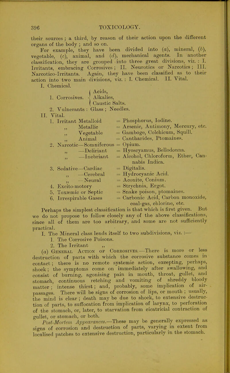 their sources; a third, by reason of their action upon the different organs of the body ; and so on. For example, they have been divided into (a), mineral, (b), vegetable, (c), animal, and (d), mechanical agents. ^ In another classification, they are grouped into three great divisions,^ viz. : I. Irritants, embracing Corrosives; II. Neurotics or Narcotics; III. Narcotico-Irritants. Again, they have been classified as to their action into two main divisions, viz. : I. Chemical. II. Vital. main i I. Chemical. I Acids, 1. Corrosives. < Alkalies, ( Caustic Salts. 2. Vulnerants : Glass ; Needles. II. Vital. 1. Irritant Metalloid = Phosphorus, Iodine. ,, Metallic = Arsenic, Antimony, Mercury, etc. ,, Vegetable = Gamboge, Colchicum, Squill. ,, Animal = Cantharides, Ptomaines. 2. Narcotic—Somniferous = Opium. ,j —Deliriant = Hyoscyamus, Bellodonna. —Inebriant = Alcohol, Chloroform, Ether, Can- nabis Indica. 3. Sedative—Cardiac = Digitalis. „ —Cerebral = Hydrocyanic Acid. —Neural = Aconite, Conium. 4. Excito-motory = Strychnia, Ergot. 5. Toxsemic or Septic = Snake poison, ptomaines. 6. Irrespirable Gases = Carbonic Acid, Carbon monoxide, coal-gas, chlorine, etc. Perhaps the simplest classification is that which is first given. But we do not propose to follow closely any of the above classifications, since all of them are too arbitrary, and some are not sufiiciently practical. I. The Mineral class lends itself to two subdivisions, viz. :— 1. The Corrosive Poisons. 2. The Irritant „ (a) General Action op Corrosives.—There is more or less destruction of parts with which the corrosive substance comes in contact; there is no remote systemic action, excepting, perhaps, shock; the symptoms come on immediately after swallowing, and consist of burning, agonising pain in mouth, throat, gullet, and stomach, continuous retching and vomiting of shreddy bloody matter; intense thirst; and, probably, some implication of air- passages. There will be signs of corrosion of lips, or mouth ; usually, the mind is clear ; death may be due to shock, to extensive destruc-^ tion of parts, to suffocation from implication of larynx, to perforation of the stomach, or, later, to starvation from cicatricial contraction of gullet, or stomach, or both, Post-Mortem Ai^pearances—These, may be generally expressed as signs of corrosion and destruction of parts, varying in extent from localised patches to extensive destruction, particularly in the stomach.