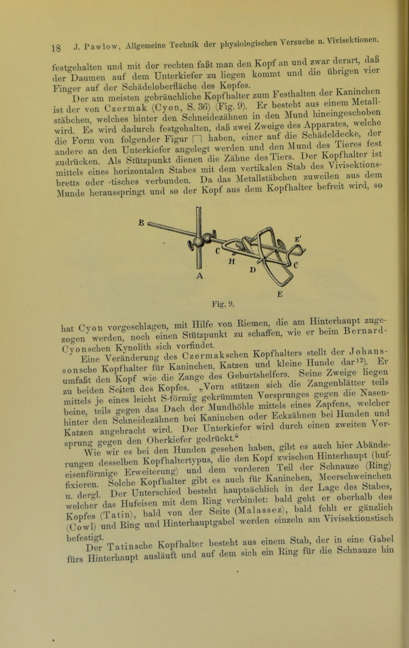 festgehalten und mit der rechten faßt man den Kopf an ^f^^^^^ ^f/^ der Daumen auf dem Unterkiefer zu liegen kommt und die ubiigen Mer Finö-er auf der Schädeloberfläche des Kopfes. -, • i ^r, ^)er am meisten gebräuchUeke Kopfbaltei- .um Festhalten der Kanmcben ist der von Czermak (Cyon, S. 3G) (Fig. 9). Er besteht aus einem Metall- stlbchen welches hinter den Schneidezähnen in den Mund hme.ngescboben W Es wird dadurch festgehalten, «ä'^ßZweige des Appa™^^^^^^^^ die Form von folgender Figur R baben, emer auf die Schadeldecke lei andere an den Unterkiefer angelegt werden utjd den f^/^^^^JiX. e zudrücken. Als Stutzpunkt dienen die Zähne ^e^Tters De. Ko^ h^^^^^^ mittels eines horizontalen Stabes mit dem vertikalen Stab w t, ndor -tisches verbunden. Da das Metallstäbchen zuwcden aus dem ii:!! htaus^ringt :nd^ der Kopf aus dem Kopfhalter befreit wira, so Fig. 9. hat Cyon voro-eschlagen, mit Hilfe von Riemen, die am Hinterhaupt zuge- zogen werden? noch^einen Stützpunkt zu schaffen, wie er beim Bernard- P-57nTi«pV(pn Kvnolith sich vorfindet. ^ eLo Veränderung des Czermakschen Kopfhalters stellt der Johans- onfIvilter mr Kaninchen, Katzen und kleine Hunde dar'^) Er den Kopt wie die Z»ge des Geburtshelfers. Seine Zweige liegen umfalSt den llopt wie aic ^ s ,tützen sich die Zangenblätter teils ^t^l'^t: etriet^l £ig geWmrtrv:;spi™ di« Nase. teils g gen das Dach der^Iundhöhle mittels eines Zapfens, welcher Unte^ den sSdezähnen bei Kaninchen oder Eckzähnen bei Bullaen und Katzen angebracht wird. Der Unterkiefer wird durch einen zweiten Vor- '^-^ä-^ ^l^'^^e. haben, gibt es auch hier Abände- .„„g^ desselben llTat? Ä f ■'^„''idcÄpfhatr g It eTa^^^^^ für Kaninchen, Meerschweinchen fixieren blsteht hauptsächlich in der Lage des Stabes, tT^ HufeC n^t dem Ring verbindet: bald geht er oberhalb des r tTrrltfnf TaW vln der Sele (Malassez), bald fehlt er gänz ich fcotl) und Ring und Hinterhanptgabel werden einzeln am Vivisektionstiseh befestigt. Kopfhalter besteht aus einem Stab, der in eine Gabel fürs Hlnter^Inprausm:?* und auf dem sich ein Ring für die Schnauze hm