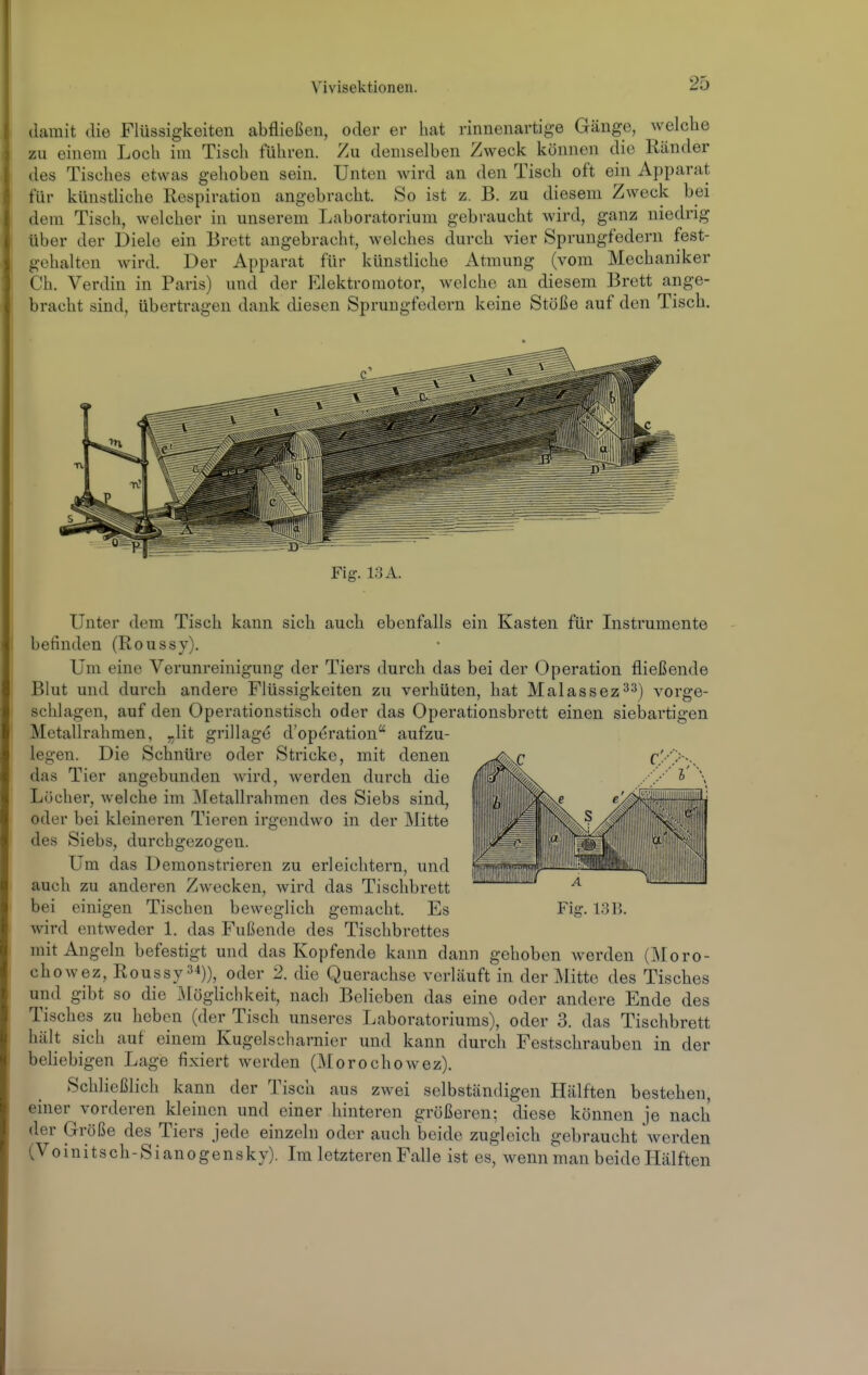 damit die Flüssigkeiten abfließen, oder er hat rinnenartige Gänge, Avelche zu einem Loch im Tisch führen. Zu demselben Zweck können die Ränder des Tisches etwas gelioben sein. Unten wird an den Tisch oft ein Apparat für künstliche Respiration angebracht. So ist z. B. zu diesem Zweck bei dem Tisch, welcher in unserem Laboratorium gebraucht wird, ganz niedrig über der Diele ein Brett augebracht, welches durch vier Sprungfedern fest- gehalten wird. Der Apparat für künstliche Atmung (vom Mechaniker Ch. Verdin in Paris) und der Elektromotor, welche an diesem Brett ange- bracht sind, übertragen dank diesen Sprungfedern keine Stöße auf den Tisch. Fig. 13A. Unter dem Tisch kann sich auch ebenfalls ein Kasten für Instrumente I befinden (Roussy), Um eine Verunreinigung der Tiers durch das bei der Operation fließende Blut und durch andere Flüssigkeiten zu verhüten, hat Malassez^-^) vorge- schlagen, auf den Operationstisch oder das Operationsbrett einen siebartigen Metallrahmen, „lit grillage d'op^ration aufzu- legen. Die Schnüre oder Stricke, mit denen das Tier angebunden wird, werden durch die Löcher, welche im ^[etallrahmcn des Siebs sind, oder bei kleineren Tieren irgendwo in der Mitte des Siebs, durchgezogen. Um das Demonstrieren zu erleichtern, und auch zu anderen Zwecken, wird das Tischbrett bei einigen Tischen beweglich gemacht. Es Fig. 13B. wird entweder 1. das Fußende des Tischbrettes mit Angeln befestigt und das Kopfende kann dann gehoben werden (]\roro- chowez, Roussy 34))^ oder 2. die Querachse verläuft in der Mitte des Tisches und gibt so die Möglichkeit, nach Belieben das eine oder andere Ende des Tisches zu heben (der Tisch unseres Laboratoriums), oder 3. das Tischbrett hält sich auf einem Kugelscharnier und kann durch Festschrauben in der beliebigen Lage fixiert werden (Morochowez). Schließlich kann der Tisch aus zwei selbständigen Hälften bestehen, einer vorderen kleinen und einer hinteren größeren; diese können je nach der Größe des Tiers jede einzeln oder auch beide zugleich gebraucht werden (Voinitsch-Sianogensky). Im letzteren Falle ist es, wenn man beide Hälften