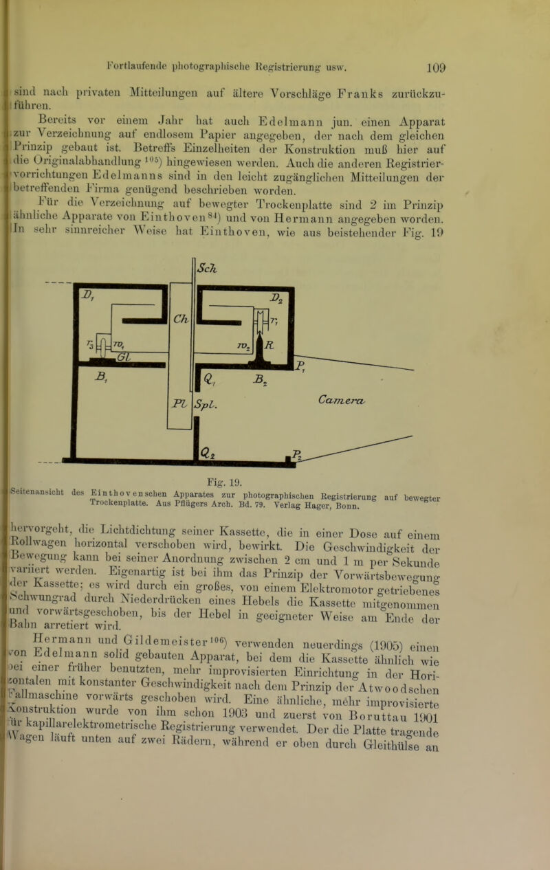 sind nach privaten Mitteilungen auf ältere Vorschläge Franks zurückzu- ! führen. Bereits vor einem Jahr hat auch Edelmann jun. einen Apparat ,zur Verzeichnung auf endlosem Papier angegeben, der nach dem gleichen Prinzip gebaut ist. Betreffs Einzelheiten der Konstruktion muß hier auf die Originalabhandlung ^^^) hingewiesen Averden. Auch die anderen Registrier- •vorrichtungen Edelmanns sind in den leicht zugänglichen Mitteilungen der (betreffenden Firma genügend beschrieben worden. Für die A^-rzeichnung auf bewegter Trockenplatte sind 2 im Prinzip 1 ähnliche Apparate von Einthoven^i) imd von Hermann angegeben worden. IJn sehr sinnreicher Weise hat Einthoven, wie aus beistehender Fig. 19 Fig. 19. Seitenansicht des Einthov ansehen Apparates zur photographisehen Registrierung auf bewegter Trockenplatte. Aus Pflügers Arch. Bd. 79. Verlag Hager, Bonn, hervorgeht, die Lichtdichtung seiner Kassette, die in einer Dose auf einem Vollwagen horizontal verschoben wird, bewirkt. Die Geschwindigkeit der Bewegung kann bei seiner Anordnung zwischen 2 cm und 1 m per Sekunde variiert werden. Eigenartig ist bei ihm das Prinzip der Vorwärtsbewegung <ler Kassette: es wird durch ein großes, von einem Elektromotor getriebenes Schwungrad durch Niederdrücken eines Hebels die Kassette mitgenommen und vorwärtsgeschoben, bis der Hebel in geeigneter Weise am Ende der ^Bahn arretiert wird. Hermann und Gildemeisteri06) verwenden neuerdings (1905) einen ieon Edelmann solid gebauten Apparat, bei dem die Kassette ähnlich wie oei einer früher benutzten, mehr improvisierten Einrichtung in der Hori zon alen mit konstanter Gesclnvindigkeit nach dem Prinzip dei Atwoodschen Fallmaschme vorwärts geschoben wird. Eine ähnliche, mehr improvisierte Konstruktion wurde von ihm schon 1903 und zuerst von BoruUau 1901 ur kapillare ektrometnsche Registrierung verwendet. Der die Platte tragende Wagen lauft unten auf zwei Rädern, während er oben durch Gleithülfe an