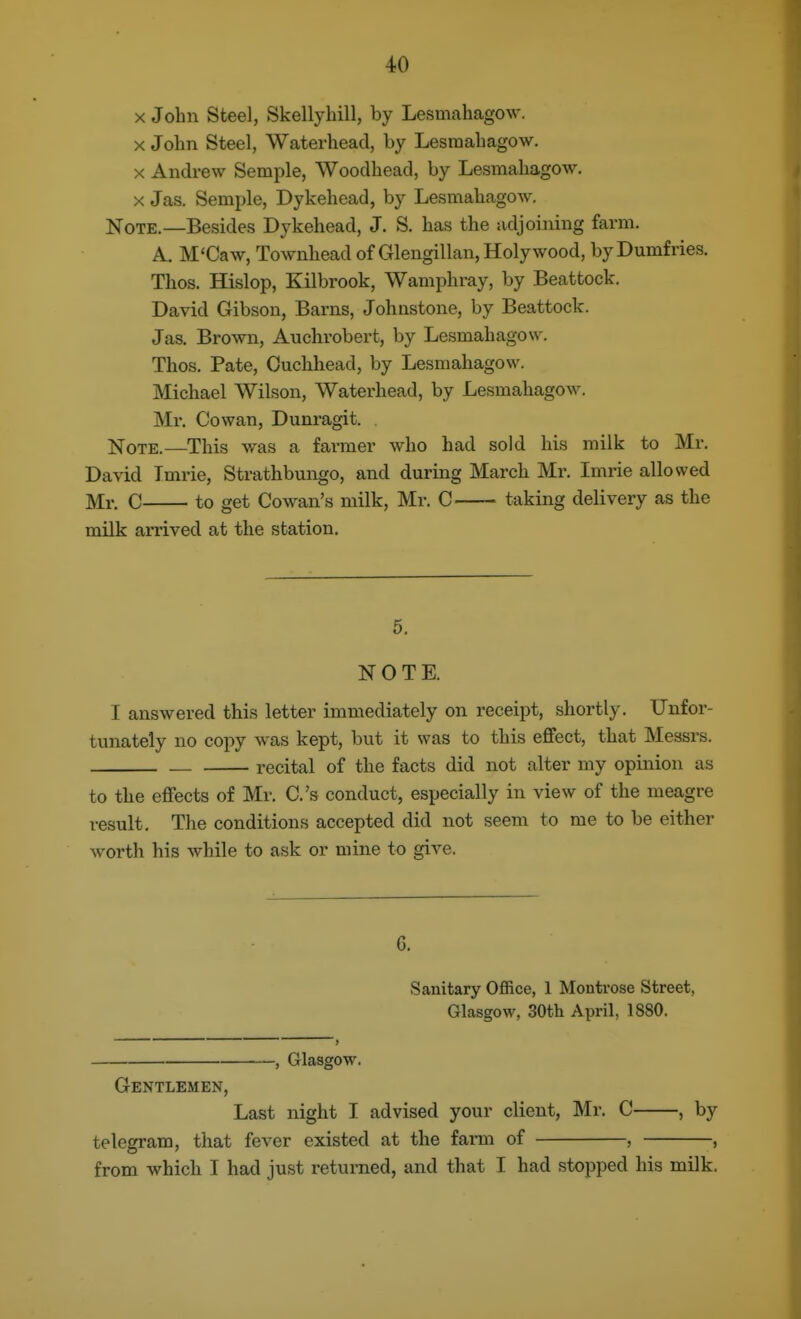 4-0 X John Steel, Skellyhill, by Lesmahagow. X John Steel, Waterhead, by Lesraahagow. X Andrew Semple, Woodhead, by Lesmahagow. X Jas. Semple, Dykehead, by LesmahagOAv. Note.—Besides Dykehead, J. S. has the adjoining farm. A. M'Caw, Townhead of Glengillan, Holy wood, by Dumfries. Thos. Hislop, Kilbrook, Wamphray, by Beattock. David Gibson, Barns, Johnstone, by Beattock. Jas. Brown, Auchrobert, by Lesmahagow. Thos. Pate, Ouchhead, by Lesmahagow. Michael Wilson, Waterhead, by Lesmahagow. Mr. Cowan, Dunragit. . Note.—This was a farmer who had sold his milk to Mr. David Tmrie, Strathbungo, and during March Mr. Imrie allowed Mr. C to get Cowan's milk, Mr. C taking delivery as the milk arrived at the station. 6. NOTE. I answered this letter immediately on receipt, shortly. Unfor- tunately no copy was kept, but it was to this effect, that Messrs. recital of the facts did not alter my opinion as to the effects of Mr. C.'s conduct, especially in view of the meagre result. The conditions accepted did not seem to me to be either worth his while to ask or mine to give. 6. Sanitary Office, 1 Montrose Street, Glasgow, 30th April, 1880. , Glasgow. Gentlemen, Last night I advised your client, Mr. C , by telegram, that fever existed at the farm of , -, from which I had just returned, and that I had stopped his milk.