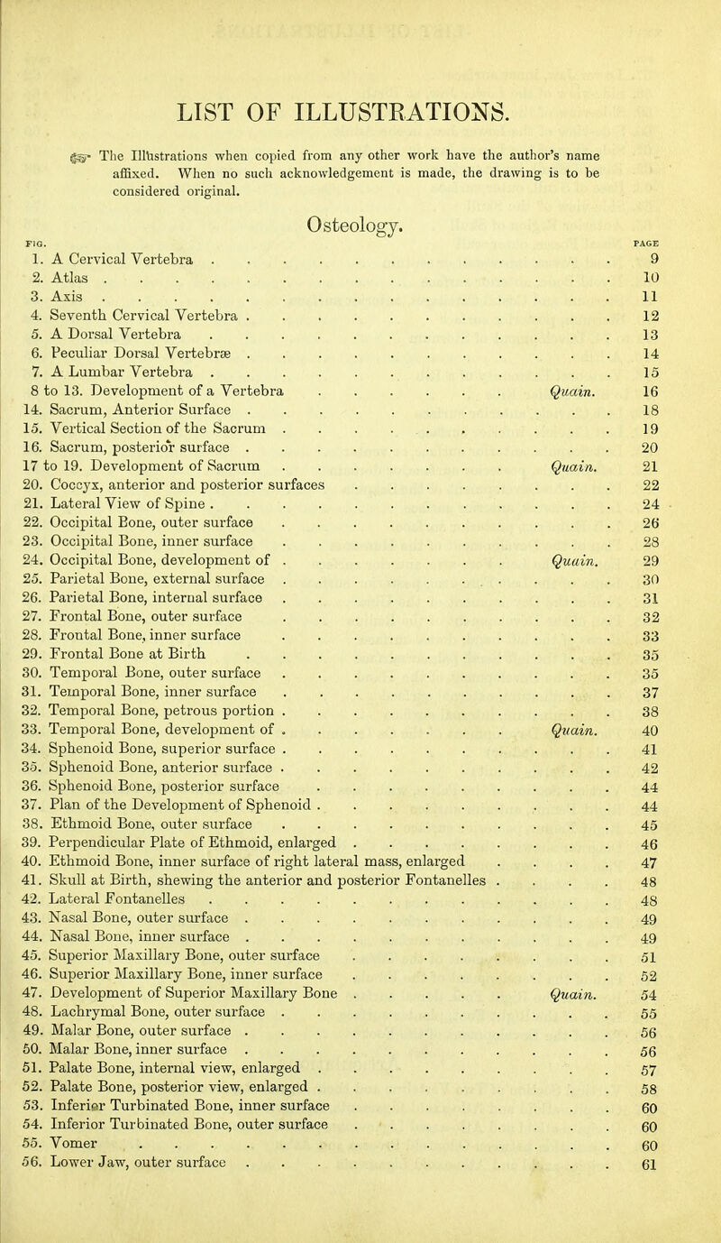 LIST OF ILLUSTRATIONS. The Illustrations when copied from any other work have the author's name aflBxed. When no such acknowledgement is made, the drawing is to be considered original. Osteology. PIQ. PAGE 1. A Cervical Vertebra 9 2. Atlas 10 3. Axis 11 4. Seventh Cervical Vertebra 12 5. A Dorsal Vertebra 13 6. Peculiar Dorsal Vertebrae 14 7. A Lumbar Vertebra 15 8 to 13. Development of a Vertebra Quain. 16 14. Sacrum, Anterior Surface 18 15. Vertical Section of the Sacrum . . . . . . . . . . 19 16. Sacrum, posterior surface ........... 20 17 to 19. Development of Sacrum ....... Quain. 21 20. Coccyx, anterior and posterior surfaces 22 21. Lateral View of Spine 24 ■ 22. Occipital Eone, outer surface .......... 26' 23. Occipital Bone, inner surface .......... 28 24. Occipital Bone, development of Quain. 29 25. Parietal Bone, external surface 30 26. Parietal Bone, internal surface 31 27. Frontal Bone, outer surface 32 28. Frontal Bone, inner surface 33 29. Frontal Bone at Birth 35 30. Temporal Bone, outer surface 35 31. Temporal Bone, inner surface .37 32. Temporal Bone, petrous portion 38 33. Temporal Bone, development of Quain. 40 34. Sphenoid Bone, superior surface 41 35. Sphenoid Bone, anterior surface 42 36. Sphenoid Bone, posterior surface 44 37. Plan of the Development of Sphenoid 44 38. Ethmoid Bone, outer surface 45 39. Perpendicular Plate of Ethmoid, enlarged 46 40. Ethmoid Bone, inner surface of right lateral mass, enlarged .... 47 41. Skull at Birth, shewing the anterior and posterior Fontanelles .... 48 42. Lateral Fontanelles 48 43. Nasal Bone, outer surface ........... 49 44. Nasal Bone, inner surface 49 45. Superior Maxillai-y Bone, outer surface 51 46. Superior Maxillary Bone, inner surface ........ 52 47. Development of Superior Maxillary Bone Quain. 54 48. Lachrymal Bone, outer surface . . . . . . . . . . 55 49. Malar Bone, outer surface 56 60. Malar Bone, inner surface ........... 55 51. Palate Bone, internal view, enlarged 57 52. Palate Bone, posterior view, enlarged ......... 53 53. Inferior Turbinated Bone, inner surface 60 54. Inferior Turbinated Bone, outer surface . ■ 60 55. Vomer 60 56. Lower Jaw, outer surface 61