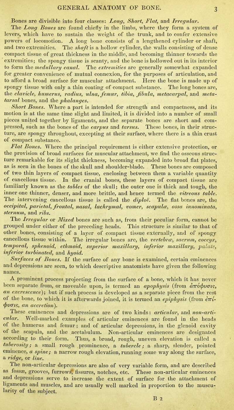 Bones are divisible into four classes: Long, Short, Flat, and Irregular. The Lo7ig Bones are found chiefly in the limbs, where they form a system of levers, which have to sustain the weight of the trunk, and to confer extensive powers of locomotion. A long bone consists of a lengthened cylinder or shaft, and two extremities. The shaft is a hollow cylinder, the walls consisting of dense compact tissue of great thickness in the middle, and becoming thinner towards the extremities; the spongy tissue is scanty, and the bone is hollowed out in its interior to form the medullary canal. The extremities are generally somewhat expanded for greater convenience of mutual connexion, for the purposes of articulation, and to afford a broad surface for muscular attachment. Here the bone is made up of spongy tissue with only a thin coating of compact substance. The long bones are, the clavicle, humerus, radius, ulna, femur, tibia, fibula, metacarpal, and meta- tarsal bones, and the phalanges. Short Bones. Where a part is intended for strength and compactness, and its motion is at the same time slight and limited, it is divided into a number of small pieces united together by ligaments, and the separate bones are short and com- pressed, such as the bones of the carpus and tarsus. These bones, in their struc- ture, are spongy throughout, excepting at their surface, where there is a thin crust of compact substance. Flat Bones. Where the principal requirement is either extensive protection, or the provision of broad surfaces for muscular attachment, we find the osseous struc- ture remarkable for its slight thickness, becoming expanded into broad flat plates, as is seen in the bones of the skull and shoulder-blade. These bones are composed of two thin layers of compact tissue, enclosing between them a variable quantity of cancellous tissue. In the cranial bones, these layers of compact tissue are familiarly known as the tables of the skull; the outer one is thick and tough, the inner one thinner, denser, and more brittle, and hence termed the vitreous table. The intervening cancellous tissue is called the diploe. The flat bones are, the occipital, parietal, frontal, nasal, lachrymal, vomer, scapulce, ossa innominata, sternum, and ribs. The Irregular or 3Iixed bones are such as, from their peculiar form, cannot be grouped under either of the preceding heads. This structure is similar to that of other bones, consisting of a layer of compact tissue externally, and of spongy cancellous tissue within. The irregular bones are, the vertebrce, sacrum, coccyx, temporal, sphenoid, ethmoid, superior maxillary, inferior maxillary, palate, inferior turbinated, and hyoid. Surfaces of Bones. If the sui'face of any bone is examined, certain eminences and depressions are seen, to which descriptive anatomists have given the following- names. A prominent process projecting from the surface of a bone, which it has never been separate from, or moveable upon, is termed an apophysis (from a'TT6<^vai^, an excrescence); but if such process is developed as a separate piece from the rest of the bone, to which it is afterwards joined, it is termed an epiphysis (from eVt- <pv(rt<;, an accretion). These eminences and depressions are of two kinds: articular, and non-arti- cular. Well-marked examples of articular eminences are found in the heads of the humerus and femur; and of articular depressions, in the glenoid cavity of the scapula, and the acetabulum. Non-articular eminences are designated according to their form. Thus, a broad^ rough, uneven elevation is called a tuberosity; a small rough prominence, a tubercle; a sharp, slender, pointed eminence, a spine; a narrow rough elevation, running some way along the surface, a ridge, or line. The non-articular depressions are also of very variable form, and are described as fossffi, grooves, furrows) fissures, notches, etc. These non-articular eminences and depressions serve to increase the extent of surface for the attachment of ligaments and muscles, and are usually well marked in proportion to the muscu- larity of the subject. B 2