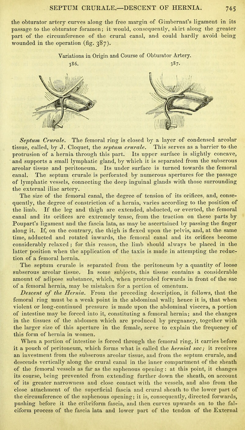 the obturator arteiy curves along the free margin of Gimbernat's ligament in its passage to the obturator foramen; it would, consequently, skirt along the greater part of the circumference of the crural canal, and could hardly avoid being wounded in the operation (fig. 387). Variations in Origin and Course of Obturator Artery. 386. 387- Septum Crurale. The femoral ring is closed by a layer of condensed areolar tissue, called, by J. Cloquet, the septum crurale. This serves as a barrier to the protrusion of a hernia through this part. Its upper surface is slightly concave, and supports a small lymphatic gland, by which it is separated from the subserous areolar tissue and peritoneum. Its under surface is turned towards the femoral canal. The septum crurale is perforated by numerous apertures for the passage of lymphatic vessels, connecting the deep inguinal glands with those surrounding the external iliac artery. The size of the femoral canal, the degree of tension of its orifices, and, conse- quently, the degree of constriction of a hernia, varies according to the position of the limb. If the leg and thigh are extended, abducted, or everted, the femoral canal and its orifices are extremely tense, from the traction on these parts by Poupart's ligament and the fascia lata, as may be ascertained by passing the finger along it. If, on the contrary, the thigh is flexed upon the pelvis, and, at the same time, adducted and rotated inwards, the femoral canal and its orifices become considerably relaxed; for this reason, the limb should always be placed in the latter position when the application of the taxis is made in attempting the reduc- tion of a femoral hernia. The septum crurale is separated from the peritoneum by a quantity of loose subserous areolar tissue. In some subjects, this tissue contains a considerable amount of adipose substance, which, when protruded forwards in front of the sac of a femoral hernia, may be mistaken for a portion of omentum. Descent of the Hernia. From the preceding description, it follows, that the femoral ring must be a Aveak point in the abdominal wall; hence it is, that Avhen violent or long-continued pressui'e is made upon the abdominal viscera, a portion of intestine may be forced into it, constituting a femoral hernia; and the changes in the tissues of the abdomen which are produced by pregnancy, together with the larger size of this aperture in the female, serve to explain the fi-equency of this form of hernia in women. When a portion of intestine is forced through the femoral ring, it carries before it a pouch of peritoneum, which forms what is called the hernial sac; it receives an investment from the subserous areolar tissue, and from the septum crurale, and descends vertically along the crural canal in the inner compartment of the sheath of the femoral vessels as far as the saphenous opening: at this point, it changes its course, being prevented from extending further down the sheath, on account of its greater narrowness and close contact with the vessels, and also from the close attachment of the superficial fascia and crural sheath to tlie lower part of the circumference of the saphenous opening; it is, consequently, directed forwards, pushing before it the cribriform fascia, and then curves upwards on to the fal- ciform process of the fascia lata and lower part of the tendon of the External