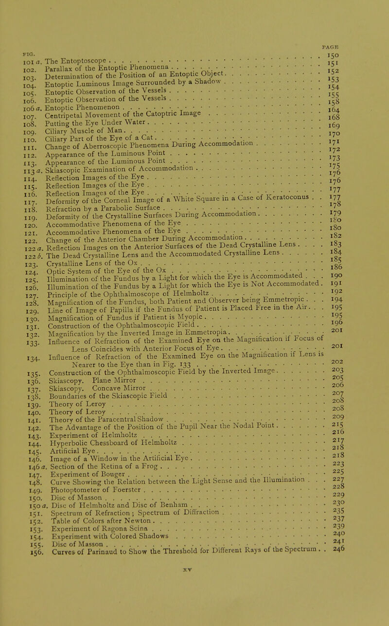 PACK FIO. 150 loi a. The Entoptoscope j 102. Paralla.x of the Entoptic Phenomena . . • ; • • • .c, 10^ Determination of the Position of an Entoptic Object 5 104! Entoptic Luminous Image Surrounded by a Shadow 3^ 105 Entoptic Observation of the Vessels 106. Entoptic Observation of the Vessels 106«. Entoptic Phenomenon 107. Centripetal Movement of the Catoptric Image 108. Putting the Eye Under Water 109. Ciliary Muscle of Man j„ no. Ciliary Part of the Eye of a Cat. .l, 111. Change of Aberroscopic Phenomena During Accommodation I7» 112. Appearance of the Luminous Point / 113. Appearance of the Luminous Point . ^'ji 113-J. Skiascopic Examination of Accommodation ^/g 114. Reflection Images of the Eye ^^ 115. Reflection Images of the Eye ^' 118. Refraction by a Parabolic Surface . 119. Deformity of the Crystalline Surfaces Durmg Accommodation 179 120. Accommodative Phenomena of the Eye 121. Accommodative Phenomena of the Eye 122. Change of the Anterior Chamber During Accommodation . . • -. • - 122 a. Reflection Images on the Anterior Surfaces of the Dead Crystalline Lens. • • • J»3 122 The Dead Crystalline Lens and the Accommodated Crystalline Lens I64 123. Crystalline Lens of the Ox 5 124. Optic System of the Eye of the Ox • • : \ • ' ' ' j \ j ' ' ' 12I Illumination of the Fundus by a Light for which the Eye is Accommodated 190 126. Illumination of the Fundus by a Light for which the Eye is Not Accommodated . 191 127 Principle of the Ophthalmoscope of Helmholtz ...... 192 128 Magnification of the Fundus, both Patient and Observer being Emmetropic ... 194 129! Line of Image of Papilla if the Fundus of Patient is Placed Free in the Air. . . 195 130. Magnification of Fundus if Patient is Myopic ^95 131. Construction of the Ophthalmoscopic Field ''9 1-12. Magnification by the Inverted Image in Emmetropia . ■ • • • • 20I 133. Influence of Refraction of the Examined Eye on the Magnification if Focus of Lens Coincides with Anterior Focus of Eye • • •. • 134. Influence of Refraction of the Examined Eye on the Magnification if Lens is Nearer to the Eye than in Fig. 133 135. Construction of the Ophthalmoscopic Field by the Inverted Image 203 136. Skiascopy. Plane Mirror 137. Skiascopy. Concave Mirror ^° 138. Boundaries of the Skiascopic Field 139. Theory of Leroy ^° 140. Theory of Leroy 141. Theory of the Paracentral Shadow ^°9 142. The Advantage of the Position of the Pupil Near the Nodal Point 215 143. Experiment of Helmholtz 144. Hyperbolic Chessboard of Helmholtz ^'7 145. Artificial Eye 146. Image of a Window in the Artificial Eye 1463. Section of the Retina of a Frog ^-3 147. Experiment of Bouger ■ ■ • 148. Curve Showing the Relation between the Light Sense and the Illumination ... 227 149. Photoptometer of Foerstcr 150. Disc of Masson 150 a. Disc of Helmholtz and Disc of Benham ^3° 151. Spectrum of Refraction; Spectrum of Diflfraction 235 152. Table of Colors after Newton ^37 153. Experiment of Ragona Scina ^39 154. Experiment with Colored Shadows ^4° 155. Disc of Masson / 0 I * ' ' f'^c 156. Curves of Parinaud to Show the Threshold for Diflerent Rays of the Spectrum . . 246