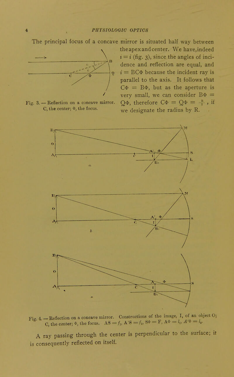 The principal focus of a concave mirror is situated half way between the apex and center. We have,indeed t = i (fig. 3), since the angles of inci- dence and reflection are equal, and o i = BC4> because the incident ray is parallel to the axis. It follows that C<J> = B4>, but as the aperture is ^ very small, we can consider B* = Fig. 3. — Reflection on a concave mirror. Qtj^^ therefore C4> = = > if C, the center; the focus. designate the radius by R. . Fig 4 —Reflection on a concave mirror. Constructions of the image, I, of an object O; ■ C, the center; *. the focus. AS = /„ A'S = A, S* = F, A* = A'<t'= A ray passing through the center is perpendicular to the surface; it is consequently reflected on itself.