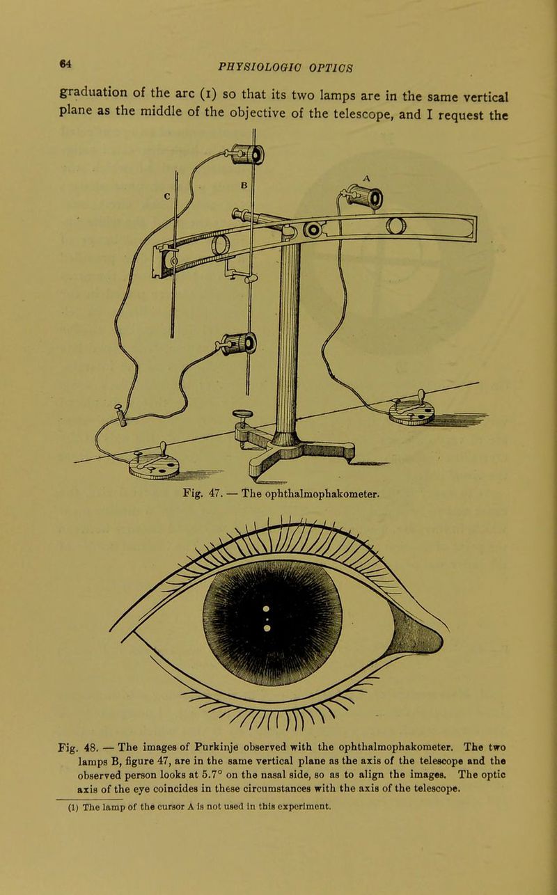 graduation of the arc (i) so that its two lamps are in the same vertical plane as the middle of the objective of the telescope, and I request the Fig. 47. — The ophthalmophakometer. Fig. 48. — The images of Purkinje observed with the ophthalmophakometer. The two lamps B, figure 47, are in the same vertical plane as the axis of the telescope and th« observed person looks at 5.7° on the nasal side, so as to align the images. The optic axis of the eye coincides in these circumstances with the axis of the telescope. (1) The lamp of the cursor A is not used in this experiment.