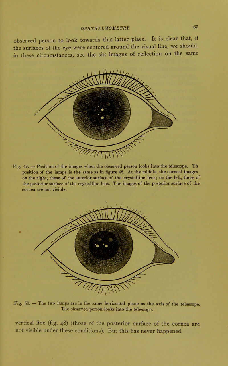 observed person to look towards this latter place. It is clear that, if the surfaces of the eye were centered around the visual line, we should, in these circumstances, see the six images of reflection on the same Fig. 49. — Position of the images when the observed person looks into the telescope. Th position of the lamps is the same as in figure 48. At the middle, the corneal images on the right, those of the anterior surface of the crystalline lens; on the left, those of the posterior surface of the crystalline lens. The images of the posterior surface of the cornea are not visible. JFig. 50. — The two lamps are in the same horizontal plane as the axis of the telescope. The observed person looks into the telescope. vertical line (fig. 48) (those of the posterior surface of the cornea are not visible under these conditions). But this has never happened.