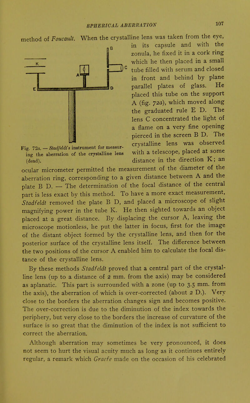 method of Foucault. When the crystalline lens was taken from the eye, in its capsule and with the zonula, he fixed it in a cork ring which he then placed in a small tube filled with serum and closed in front and behind by plane parallel plates of glass. He placed this tube on the support A (fig. 72a), which moved along the graduated rule E D. The lens C concentrated the light of a flame on a very fine opening pierced in the screen B D. The crystalline lens was observed Fig. 72a. — SladfddCs instrument for measur- , , ^ ing the aberration of the crystalline lens with a telescope, placed at some (dead). distance in the direction K; an ocular micrometer permitted the measurement of the diameter of the aberration ring, corresponding to a given distance between A and the plate B D. — The determination of the focal distance of the central part is less exact by this method. To have a more exact measurement, Stadfeldt removed the plate B D, and placed a microscope of slight magnifying power in the tube K. He then sighted towards an object placed at a great distance. By displacing the cursor A, leaving the microscope motionless, he put the latter in focus, first for the image of the distant object formed by the crystalline lens, and then for the posterior surface of the crystalline lens itself. The difference between the two positions of the cursor A enabled him to calculate the focal dis- tance of the crystalline lens. By these methods Stadfeldt proved that a central part of the crystal- line lens (up to a distance of 2 mm. from the axis) may be considered as aplanatic. This part is surrounded mth a zone (up to 3.5 mm. from the axis), the aberration of which is over-corrected (about 2 D.). Very close to the borders the aberration changes sign and becomes positive. The over-correction is due to the diminution of the index towards the periphery, but very close to the borders the increase of curvature of the surface is so great that the diminution of the index is not sufficient to correct the aberration. Although aberration may sometimes be very pronounced, it does not seem to hurt the visual acuity much as long as it continues entirely regular, a remark which Graefe made on the occasion of his celebrated