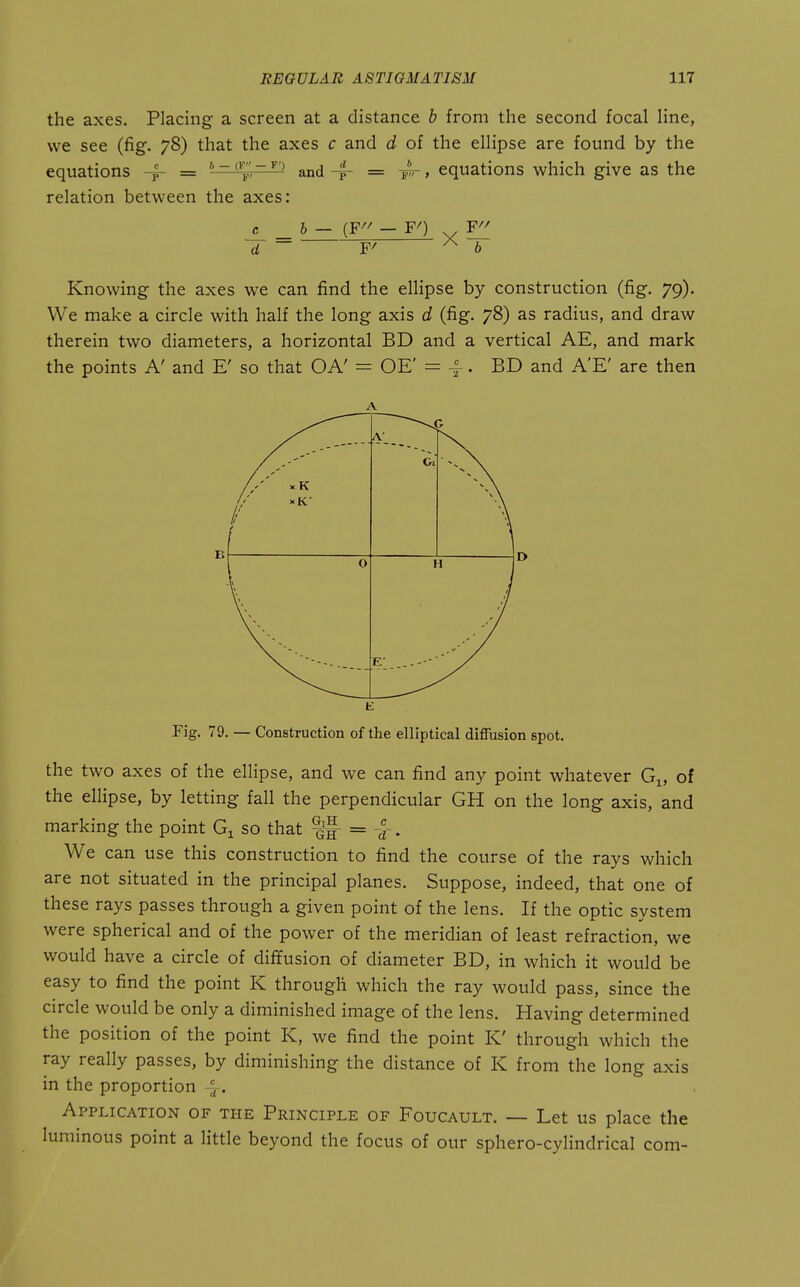 the axes. Placing a screen at a distance b from the second focal line, we see (fig. 78) that the axes c and d of the ellipse are found by the equations -~ = and -|- = 1^, equations which give as the relation between the axes: Knowing the axes we can find the ellipse by construction (fig. 79). We make a circle with half the long axis d (fig. 78) as radius, and draw therein two diameters, a horizontal BD and a vertical AE, and mark the points A' and E' so that OA' = OE' = -f. BD and A'E' are then the two axes of the ellipse, and we can find any point whatever G^, of the ellipse, by letting fall the perpendicular GH on the long axis, and marking the point Gi so that = . We can use this construction to find the course of the rays which are not situated in the principal planes. Suppose, indeed, that one of these rays passes through a given point of the lens. If the optic system were spherical and of the power of the meridian of least refraction, we would have a circle of diffusion of diameter BD, in which it would be easy to find the point K through which the ray would pass, since the circle would be only a diminished image of the lens. Having determined the position of the point K, we find the point K' through which the ray really passes, by diminishing the distance of K from the long axis in the proportion ^. Application of the Principle of Foucault. — Let us place the luminous point a little beyond the focus of our sphero-cylindrical com- c _b — — FQ A B D E Fig. 79. — Construction of the elliptical diffusion spot.