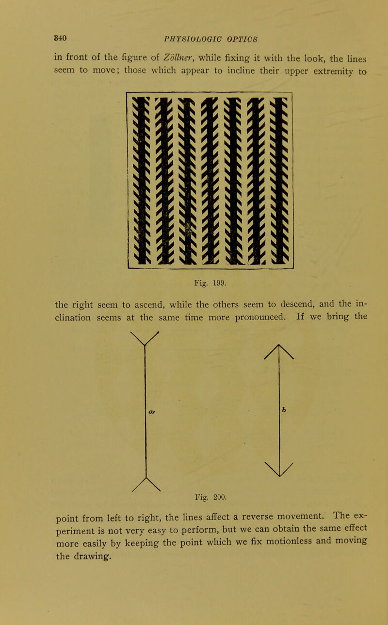 in front of the figure of Zdllner, while fixing it with the look, the lines seem to move; those which appear to incline their upper extremity to Fig. 199. the right seem to ascend, while the others seem to descend, and the in- clination seems at the same time more pronounced. If we bring the Fiff. 200. point from left to right, the lines aflfect a reverse movement. The ex- periment is not very easy to perform, but we can obtain the same effect more easily by keeping the point which we fix motionless and moving the drawing.