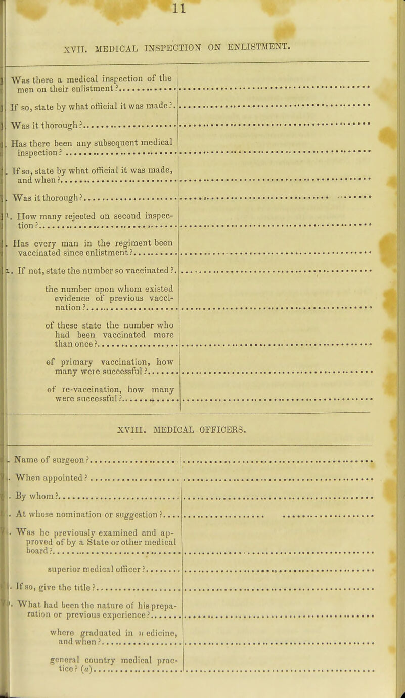 Was there a medical inspection of tiie men on their enlistment? If so, state by what official it was made ?. Was it thorough ? Has there been any subsequent medical inspection ? ■ If so, state by what official it was made, and when ? ■ Was it thorough ? • . How many rejected on second inspec- tion? Has every man in the regiment been vaccinated since enlistment? . If not, state the number so vaccinated ?. the number upon v/hom existed evidence of previous vacci- nation ? of these state the number who had been vaccinated more than once? of primary vaccination, how many were successful? of re-vaccination, how many were successful ? XVIII. MEDICAL OEFICBRS. Name of surgeon ? . When appointed ? . By whom? . At whose nomination or suggestion ?.... . Was he previously examined and ap- proved of by a State or other medical board ? , superior medical officer? . If 80, give the title? , . What had been the nature of his prepa- ration or previous experience? where graduated in ii edicino, and when ?,..., general country medical prac- tice? («)