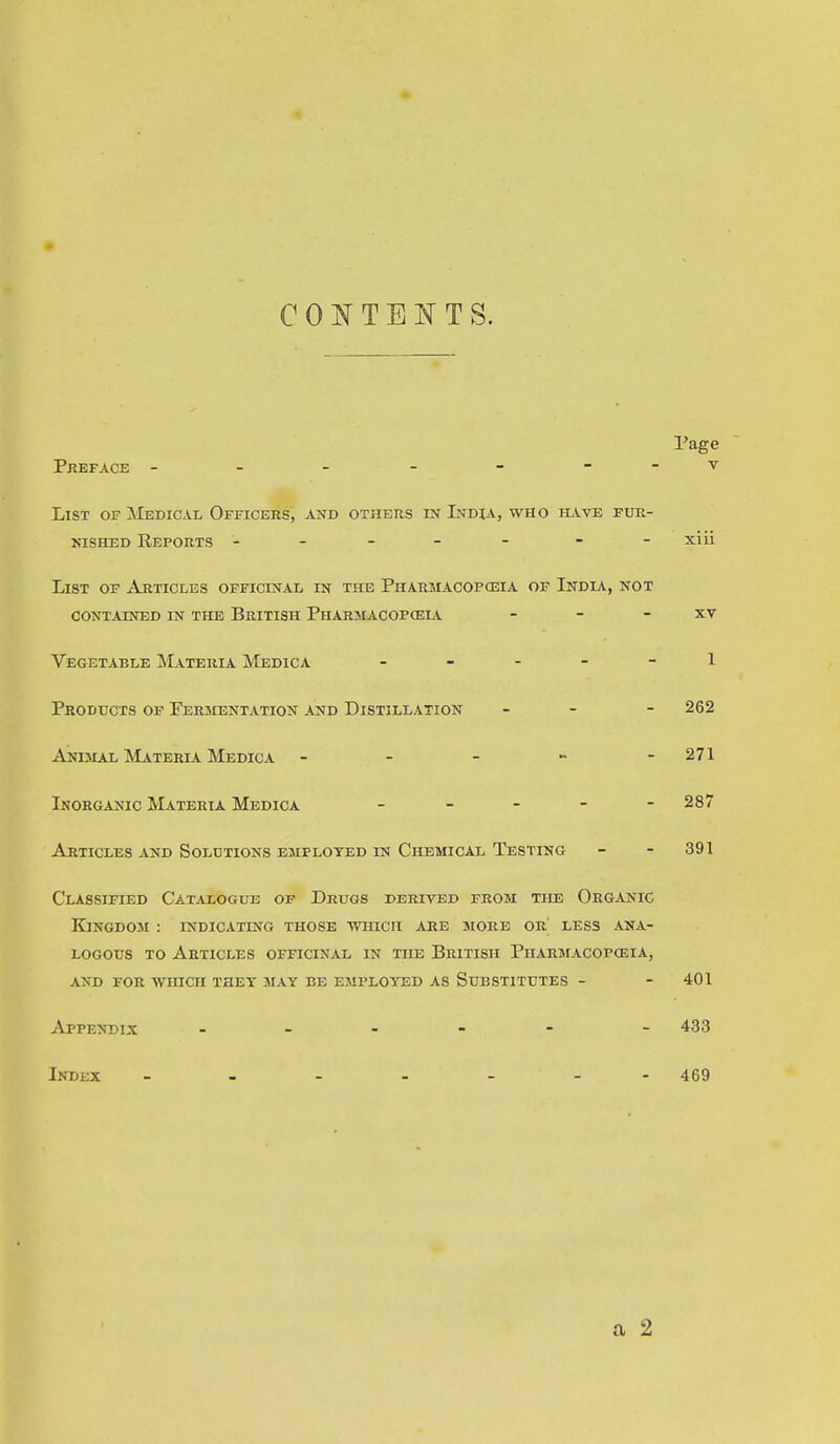 C 0 T E IsT T S. Page Preface - - - - - - -v List or Medical Officers, and others in India, who ilwe fur- nished Reports ----- - - xiii List of Articles officinal in the Pharmacopeia of India, not CONTAINED IN THE BRITISH PhARMACOPCEIA - - - XV Vegetable SIateria Medica _ _ . - - 1 Products op Fermentation and Distillation _ _ - 262 Animal Materia Medica - - - - -271 Inorganic Materia Medica _ _ _ - - 287 Articles and Solutions employed in Chemical Testing - - 391 Classified Catalogue of Drugs derived from the Organic Kingdom : indicating those -which are jiore or' less ana- logous to Articles officinal in the British Pharmacopceia, AND for which THET MAY BE EMPLOYED AS SUBSTITUTES - - 401 Appendix - - - - - 433 Index 469 a 2