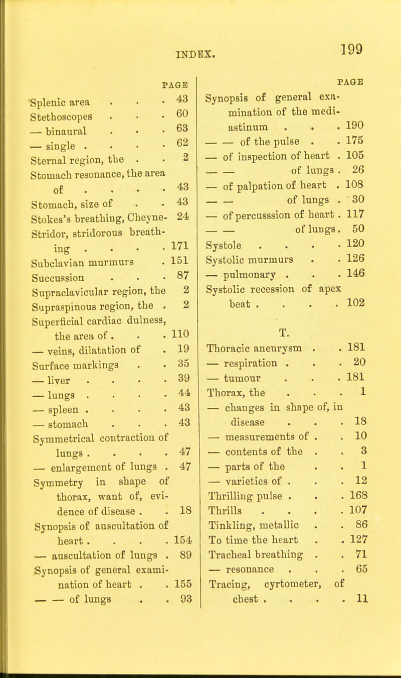 PAGE 43 Sf pf HospotipS . . • 60 . l^ir^nnvnl ■ • — UlLlilUltll * 63 —— Single • • • 62 Sternal region, the . 2 Stomach resonance, the area of • * i • 43 Stomach, size of 43 Stokes's breathing, Cheyne- 24 m-rirlnv qtridorous breath- 171 Snhrlfivian murmurs • 151 Snnnn cci ATI . , • 87 SrmrnMavicular reerion, the 2 Supraspinous region, the . 2 Superficial cardiac dulness, f.Vip nrpa of • • • 110 — veins, dilatation of » 19 Surface markings . • 35 liver • • 39 — lungs . 44 ■ OU1CCU • ■ ■ •  43 of ATYlflph • • S LUiXlcil/U • • • 43 Symmetrical contraction of lnno'S ■ • • 47 — enlargement of lungs . 47 Symmetry in shape of thorax, want of, evi- dence of disease . . 18 Synopsis of auscultation of heart.... 154 — auscultation of lungs . 89 Synopsis of general exami- nation of heart . 155 of lungs 93 PAGE Synopsis of general exa- mination of the medi- astinum . . • 190 of the pulse . . 175 — of inspection of heart . 105 of lungs. 26 — of palpation of heart . 108 of lungs . • 30 — of percusssion of heart . 117 of lungs. 50 Systole . . • -120 Systolic murmurs . . 126 — pulmonary . . . 146 Systolic recession of apex heat . . 102 T. Thoracic aneurysm . . 181 — respiration . . 20 — tumour . 181 Thorax, the . 1 — changes in shape of, in disease . 18 — measurements of . . 10 — contents of the . . 3 — parts of the . 1 — varieties of . . 12 Thrilling pulse . . 168 Thrills . . 107 Tinkling, metallic . 86 To time the heart . 127 Tracheal breathing . . 71 — resonance . 65 Tracing, cyrtometer, of chest . . 11