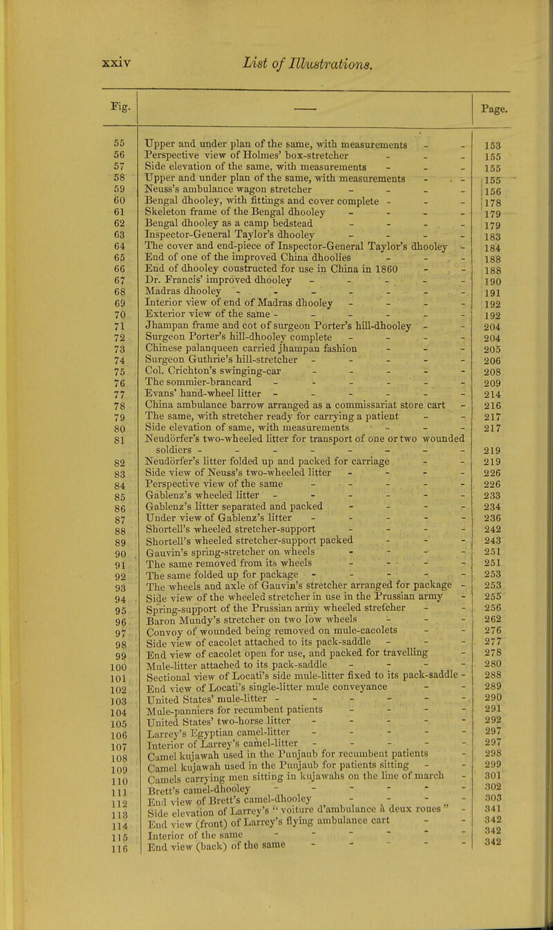 Upper and under plan of the same, with measurements Perspective view of Hohnes' box-stretcher - . _ Side elevation of the same, with measurements - - - Upper and under plan of the same, with measurements - . - Neuss's ambulance wagon stretcher - _ . _ Bengal dhooley, with fittings and cover complete - . - Skeleton frame of the Bengal dhooley - - _ _ Bengal dhooley as a camp bedstead - - _ _ Inspector-General Taylor's dhooley _ . . _ The cover and end-piece of Inspector-General Taylor's dhooley - End of one of the improved China dhoolies _ _ _ End of dhooley constructed for use in China in 1860 Dr. Francis' improved dhooley _ _ _ _ - Madras dhooley - Interior view of end of Madras dhooley - - - Exterior view of the same ------ Jhampan frame and cot of surgeon Porter's hill-dhooley - Surgeon Porter's hill-dhooley complete - - - - Chinese palanqueen carried jhampan fashion . . - Surgeon Guthrie's hill-stretcher - - - - - Col. Crichton's swinging-car - - - . - The sommier-brancard ------ Evans' hand-wheel litter ------ China ambulance barrow arranged as a commissariat store cart The same, with stretcher ready for carrying a patient Side elevation of same, with measurements ■ - Neudorfer's two-wheeled Utter for transport of one or two wounded soldiers -------- Neudorfer's litter folded up and packed for carriage Side view of Neuss's two-wheeled litter - - - - Perspective view of the same - . . Gablenz's wheeled litter ------ Gablenz's litter separated and packed - _ - _ Under view of Gablenz's litter - _ _ - - Shortell's wheeled stretcher-support - - _ _ Shortell's wheeled stretcher-support packed - - - Gauvin's spring-stretcher on wheels . - - - The same removed from its wheels - - The same folded up for package - - - - - The wheels and axle of Gauvin's stretcher arranged for package - Side view of the wheeled stretcher in use in the Prussian army Spring-support of the Prussian army wheeled stretcher Baron Mundy's stretcher on two low wheels - - - Convoy of wounded being removed on mule-cacolets Side view of cacolet attached to its pack-saddle - .  End view of cacolet open for use, and packed for travelling Mule-litter attached to its pack-saddle  7   Sectional view of Locati's side mule-litter fixed to its pack-saddle - End view of Locati's single-litter mule conveyance United States' mule-litter - _ - Mule-panniers for recumbent patients - - - - United States' two-horse litter - - Larrey's Egyptian camel-litter - - - - - Interior of Larrey's camel-litter - - - - Camel kujawah used in the Punjaub for recumbent patients Camel kujawah used in the Punjaub for patients sitting Camels carrying men sitting in kujawahs on the line of march Brett's carael-dhooley - - End view of Brett's carael-dhooley - -  - Side elevation of Larrey's  voiture d'ambulance i\ deux roues End view (front) of Larrey's flying ambulance cart Interior of the same ------ End view (back) of the same -----