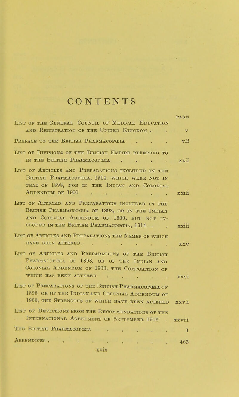 CONTENTS List of Aeticles and Preparations the Names of which have been altered ..... PAGE List of the General Council of Medical Education AND Registration of the United Kingdom . . v Preface to the British Pharmacopeia . . . vii List of Divisions of the British Empire referred to IN the British Pharmacopceia .... xxii List of Articles and Preparations included in the British Pharmacopceia, 1914, which were not in THAT of 1898, nor in the Indian and Colonial Addendum of 1900 ...... xxiii List of Articles and Preparations included in the British Pharmacopceia of 1898, or in the Indian AND Colonial Addendum of 1900, but not in- cluded in the British Pharmacopceia, 1914 . . xxiii XXV List of Articles and Preparations of the British Pharmacopceia of 1898, or of the Indian and Colonial Addendum of 1900, the Composition of WHICH has been altered • . . . . xxvi List of Preparations of the British Pharmacopoeia of 1898, OR of the Indian and Colonial Addendum of 1900, THE Strengths of which have been altered xxvii List of Deviations from the Recommendations of the International Agreement or Septkmber 1906 . xxviii The British Pharmacopceia ..... 1 Appendices , , . , 463