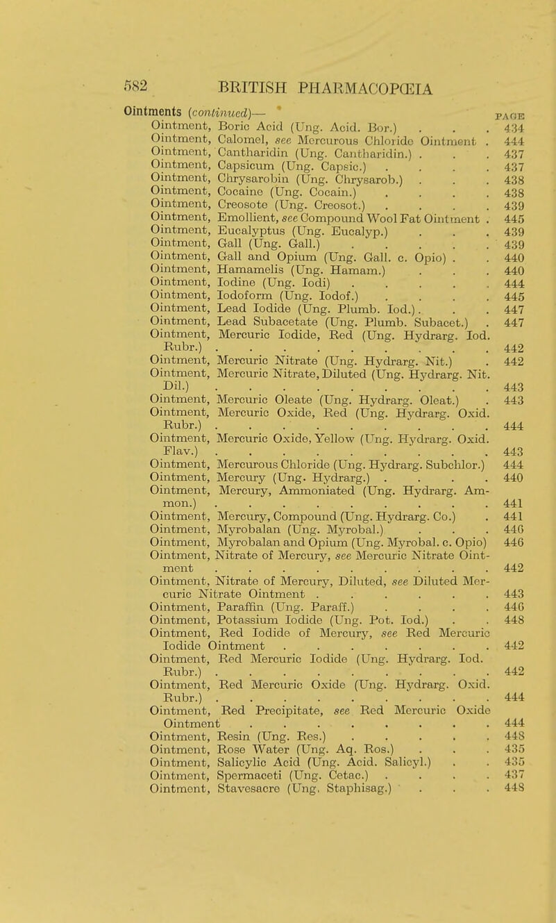 Ointments {continued)— ' paoe Ointment, Boric Acid (Ung. Acid. Bor.) . . . 434 Ointment, Calomel, see Mcrcurous Chloiido Ointment . 444 Ointment, Cantharidin (Ung. Cantharidin.) . . . 437 Ointment, Capsicum (Ung. Capsic.) .... 437 Ointment, Clirysarobin (Ung. Chrysarob.) . . . 438 Ointment, Cocaine (Ung. Cocain.) .... 438 Ointment, Creosote (Ung. Creosot.) .... 439 Ointment, Emollient, see Compomid Wool Fat Ointment . 445 Ointment, Eucalyptus (Ung. Eucalyp.) . . . 439 Ointment, Gall (Ung. Gall.) 439 Ointment, Gall and Opium (Ung. Gall. c. Opio) . . 440 Ointment, Hamamelis (Ung. Hamam.) . . . 440 Ointment, Iodine (Ung. lodi) ..... 444 Ointment, Iodoform (Ung. lodof.) .... 445 Ointment, Lead Iodide (Ung. Plumb. lod.). . . 447 Ointment, Lead Subacetate (Ung. Plumb. Subacet.) . 447 Ointment, Mercuric Iodide, Red (Ung. Hydrarg. lod. Rubr.) 442 Ointment, Mercuric Nitrate (Ung. Hydrarg. Nit.) . 442 Ointment, Mercuric Nitrate, Diluted (Ung. Hydrarg. Nit. Dil.) 443 Ointment, Mercuric Oleate (Ung. Hydrarg. Oleat.) . 443 Ointment, Mercuric Oxide, Red (Ung. Hydrarg. Oxid. Rubr.) . . 444 Ointment, Mercuric Oxide, Yellow (Ung. Hydrarg. Oxid. Flav.) 443 Ointment, Merciirous Chloride (Ung. Hydrarg. Subchlor.) 444 Ointment, Merci.iry (Ung. Hydrarg.) .... 440 Ointment, Mercury, Ammoniated (Ung. Hydrarg. Am- mon.) ......... 441 Ointment, Mercury, Compound (Ung. Hydrarg. Co.) . 441 Ointment, Myrobalan (Ung. Mj'robal.) . . . 440 Ointment, Myrobalan and Opium (Ung. Myrobal. c. Opio) 446 Ointment, Nitrate of Mercury, see Mercuric Nitrate Oint- ment ......... 442 Ointment, Nitrate of Mercury, Diluted, see Diluted Mer- curic Nitrate Ointment ...... 443 Ointment, Paraffin (Ung. Paraff.) Ointment, Potassium Iodide (Ung. Pot. lod.) Ointment, Red Iodide of Mercury, see Red Mercuric Iodide Ointment ...... Ointment, Red Mercuric Iodide (Ung. Hydrarg. led. Rubr.) Ointment, Red Mercuric Oxide (Ung. Hydrarg. Oxid Rubr.) Ointment, Red Precipitate, see Red Mercuric Oxide Ointment ....... Ointment, Resin (Ung. Res.) .... Ointment, Rose Water (Ung. Aq. Ros.) Ointment, Salicylic Acid (Ung. Acid. Salicyl.) Ointment, Spermaceti (Ung. Cetac.) Ointment, Stavesacre (Ung. Staphisag.) ' 440 448 442 442 444 444 448 435 435 437 448