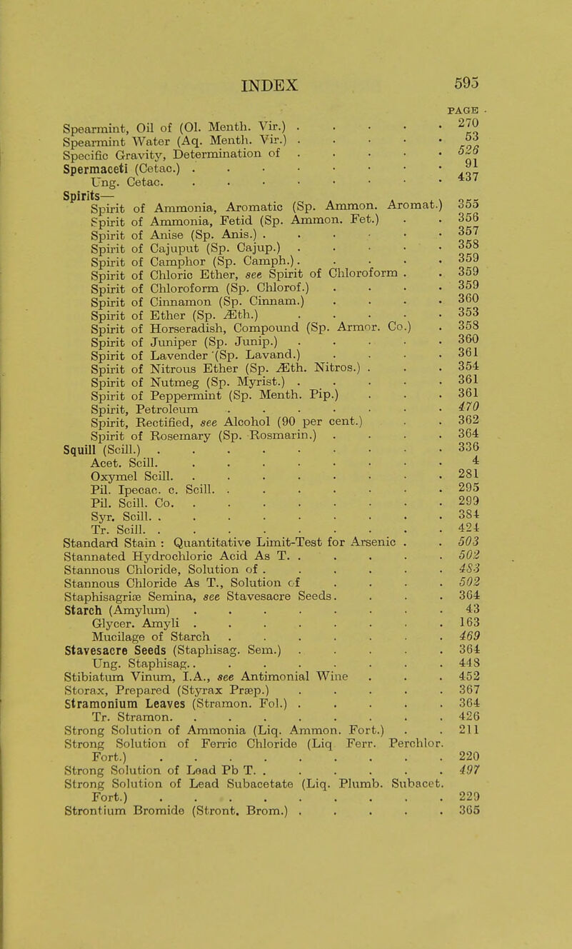 (Sp. Ammon. Aromat.) Ammon. Fet.) Spearmint, Oil of (01. Mentli. Vir.) Spearmint Water (Aq. Mentli. Vir.) Specific Gravitjs Determination of Spermaceti (Cetac.) . Ung. Cetac. Spirits— Spii'it of Ammonia, Aromatic Spirit of Ammonia, Fetid (Sp. Spirit of Anise (Sp. Anis.) . . . • Spirit of Cajup\it (Sp. Cajup.) . Spirit of Camphor (Sp. Camph.). Spirit of Cliloric Ether, see Spirit of Cliloroform Spirit of Chloroform (Sp. Chlorof.) Spirit of Ciimamon (Sp. Cinnam.) Spirit of Ether (Sp. ^th.) Spirit of Horseradish, Compound (Sp. Armor. Co Spirit of Jimiper (Sp. Junip.) Spirit of Lavender (Sp. Lavand.) Spirit of Nitrous Ether (Sp. ^th. Nitros.) . Spirit of Nutmeg (Sp. Myrist.) . Spirit of Peppermint (Sp. Menth. Pip.) Spirit, Petroleum Spirit, Kectified, see Alcohol (90 per cent.) Spirit of Rosemary (Sp. Rosmarin.) Squill (Scill.) . Acet. Scill. Oxymel Scill. Pil. Ipecac, c. Scill. Pil. Scill. Co. . Syr, Scill. . Tr. Scill. . Standard Stain : Quantitative Limit-Test for Arsenic Stannated Hydrochloric Acid As T. . Stannous Chloride, Solution of . Stannous Chloride As T., Solution of StaphisagrifE Semina, see Stavesacre Seeds. Starch (Amylum) ...... Glycer. Amyli ...... Mucilage of Starch ..... Stavesacre Seeds (Staphisag. Sem.) Ung. Staphisag....... Stibiatimi Vinum, I.A., see Antimonial Wine Storax, Prepared (Styrax Praep.) Stramonium Leaves (Stramon. Fol.) . Tr. Stramon. ...... Strong Solution of Ammonia (Liq. Ammon Strong Solution of Ferric Chloride (Liq Fort.) Strong Solution of Lead Pb T. . Strong Solution of Lead Subacetate (Liq. Plumb. Subacct Fort.) .... Strontium Bromide (Stront. Brom.) Fort.) Ferr. Perchlor