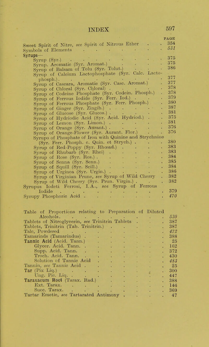 PAGE Sweet Spirit of Nitre, see Spirit of Nitrous Ether . . 354 Symbols of Elements ^^^ Syrups— 07;: Syrup (Syr.) Ini Syrup. Aromatic (Syr. Aromat.) . • • ■ ^'^ Syrup of Balsam of Tolu (Syr. Tolut.) . • .38b Syrup of Calcium L'actophosphate (Syr. Calc. Lacto- phosph.) • • ^Tl Syrup of Cascara, Aromatic (Syr. Case. Aromat.) . 377 Syrup of Chloral (Syr. Chloral) 378 Syrup of Codeine Phosphate (Syr. Codein. Phosph.) . 378 Syrup of Ferrous Iodide (Syr. Ferr. lod.) . . . 379 Syrup of Ferrous Phosphate (Syr. Ferr. Phosph.) . 380 Syrup of Ginger (Syr. Zingib.) . . . • • 387 Syrup of Glucose (Syr. Glucos.) . . • • .381 Syn^ip of Hydriodic Acid (Syr. Acid. Hydriod.) . . 375 Syrup of Lemon (Syr. Limon.) ..... 381 Syrup of Orange (Syr. Aurant.) ..... 376 Syrup of Orange-Flower (Syr. Aurant. Flor.) . . 376 Syrupo of Phosphate of Iron with Quinine and Strychnine (Syr. Ferr. Phosph. c. Quin. et Stiych.) . . .380 Syrup of Red-Poppy (Syr. Rhoead.) .... 383 Syrup of Rhubarb (Syr. Rhei) 383 Syrap of Rose (Syr. Ros.) 384 Syrup of Senna (Syr. Senn.) . . . • .385 Syrup of Squill (Syr. Scill.) 384 Syrup of Urginea (Syr. Urgin.) ..... 386 Syrup of Virginian Prune, see Syrup of Wild Cherry . 382 Syrup of Wild Cherry (Syr. Prun. Virgin.) . . .382 Syrupus lodeti Ferrosi, I. A., see Syrup of Ferrous Iodide 379 Syrupy Phosphoric Acid . . . . . . ,470 Table of Proportions relating to Preparation of Diluted Alcohols 530 Tablets of Nitroglycerin, see Trinitrin Tablets . . 387 Tablets, Trinitrin (Tab. Trinitrin.) 387 Talc, Powdered 472 Tamarinds (Tamarindus) ....... 388 Tannic Acid (Acid. Tann.) ...... 25 Glycer. Acid. Tann 162 Supp. Acid. Tann 372 Troch. Acid. Tann 430 Solution of Tannic Acid ...... 483 Tannin, see Tannic Acid ....... 25 Tar (Pix Liq.) . 300 Ung. Pic. Liq. . ....... 447 Taraxacum Root (Tarax. Rad.) ..... 388 Ext. Tarax 146 Succ. Tarax 369 Tartar Emetic, see Tartarated Antimony .... 47