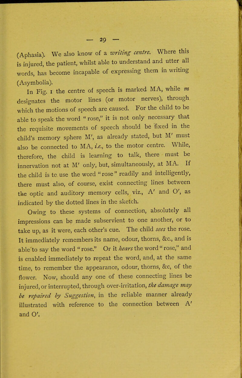 (Aphasia). We also know of a writing centre. Where this is injured, the patient, whilst able to understand and utter all words, has become incapable of expressing them in writing (Asymbolia). In Fig. I the centre of speech is marked MA, while m designates the motor lines (or motor nerves), through which the motions of speech are caused. For the child to be able to speak the word  rose, it is not only necessary that the requisite movements of speech should be fixed in the child's memory sphere M', as already stated, but M' must also be connected to MA, i.e., to the motor centre. While, therefore, the child is learning to talk, there must be innervation not at M' only, but, simultaneously, at MA. If the child is to, use the word  rose  readily and intelligently, there must also, of course, exist connecting lines between the optic and auditory memory cells, viz., A' and O', as indicated by the dotted lines in the sketch. Owing to these systems of connection, absolutely all impressions can be made subservient to one another, or to take up, as it were, each other's cue. The child sees the rose. It immediately remembers its name, odour, thorns, &c., and is able'to say the word  rose. Or it hears the word  rose, and is enabled immediately to repeat the word, and, at the same time, to remember the appearance, odour, thorns, &c, of the flower. Now, should any one of these connecting lines be injured, or interrupted, through over-irritation, the damage may be repaired by Suggestion, in the reliable manner already illustrated with reference to the connection between A' and O'.